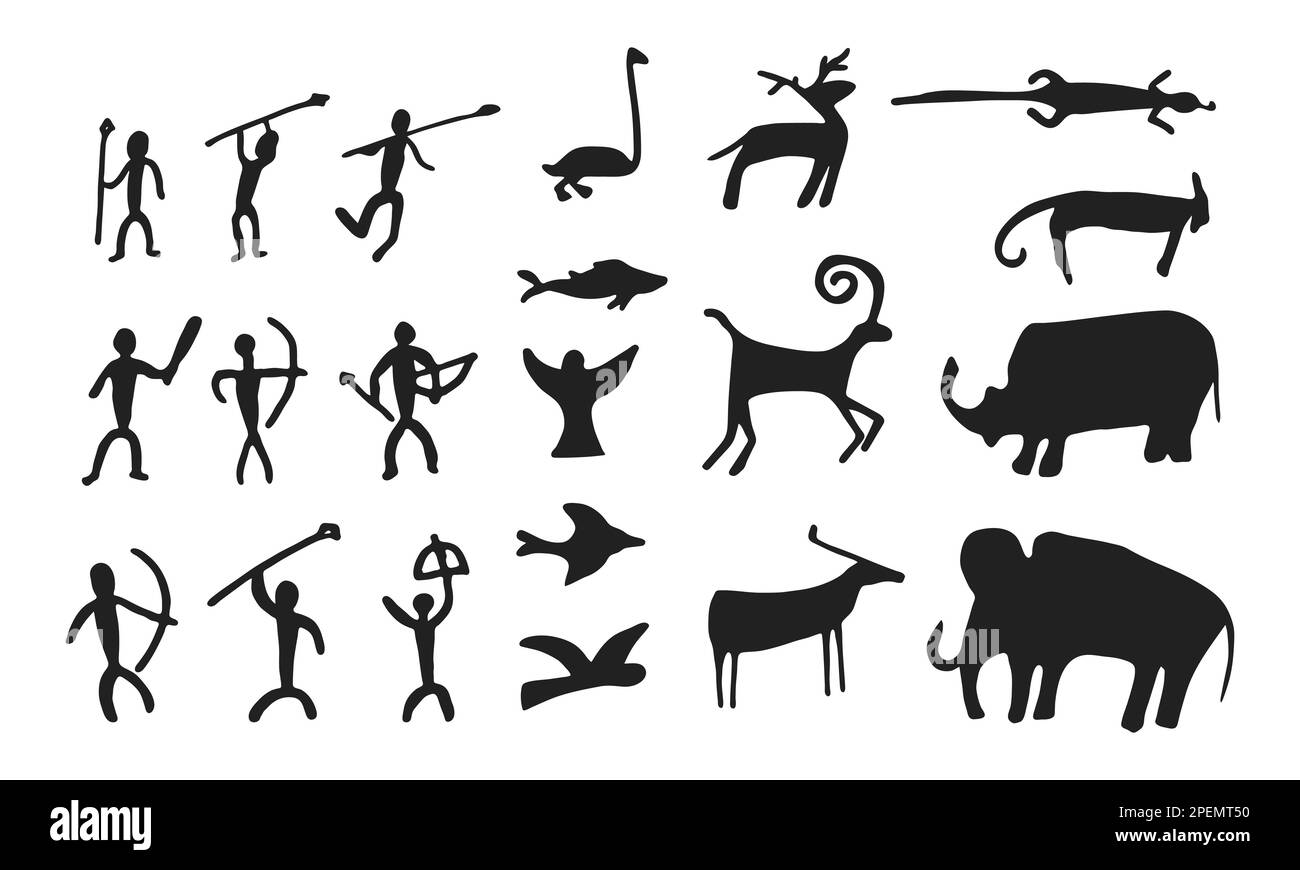 Grotta pittura preistorica arte rock disegnata a mano schizzo stile vettoriale set di illustrazioni. Pitture rupestri dell'età della roccia con animali selvatici preistorici, tribali Illustrazione Vettoriale