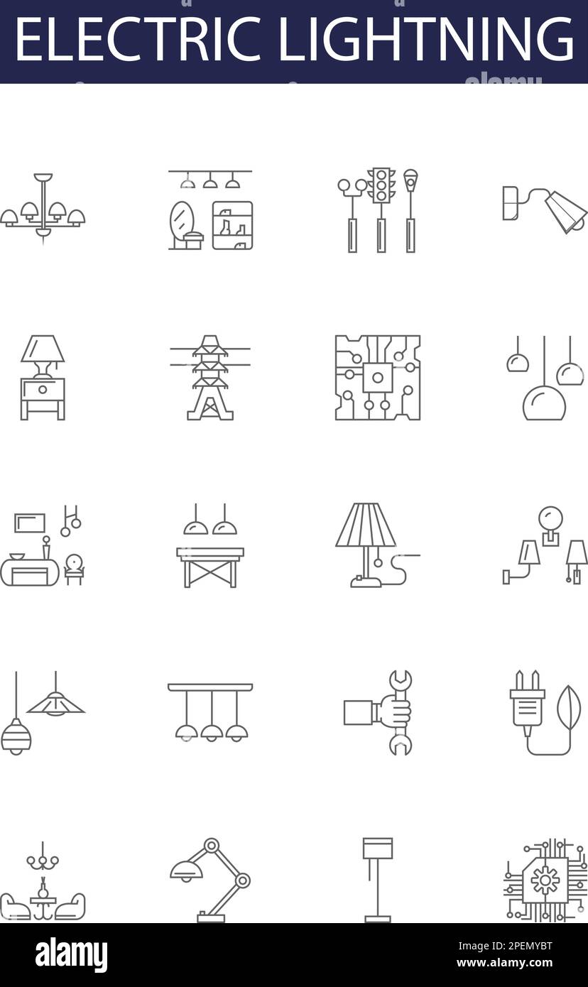 Icone e segnali vettoriali per linee elettriche di fulmini. Fulmini, bulloni, urti, picchi, Zap, Set di illustrazioni vettoriali per corrente, tensione, potenza Illustrazione Vettoriale