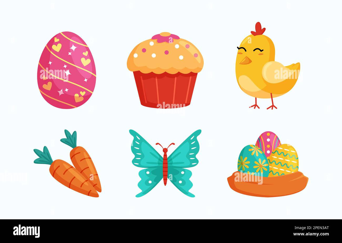 Buon elemento di design pasquale con uova, cupcake, pollo, carota e farfalla. Festival e vacanza culturale concetto. Foto Stock