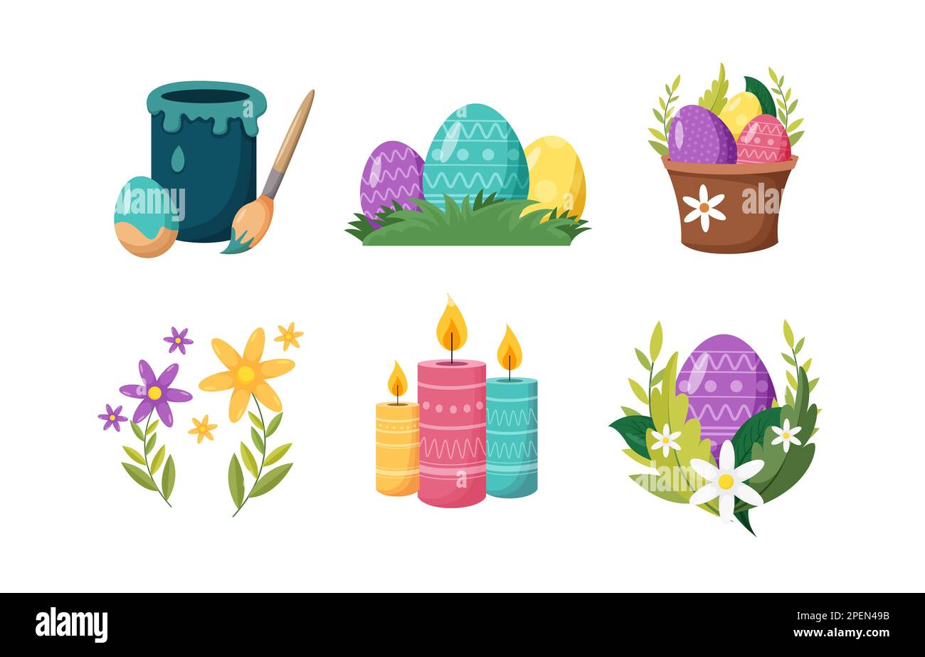 Buon elemento di design pasquale con uova dipinte, fiori e candele. Festival e vacanza culturale concetto. Foto Stock