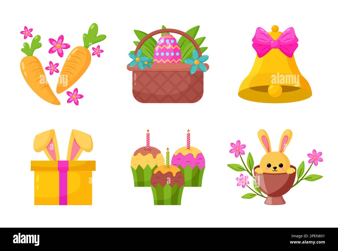 Buon elemento di design pasquale con carota, cesto, campana, scatola da regalo, lume di candela e coniglietto carino. Festival e vacanza culturale concetto. Foto Stock