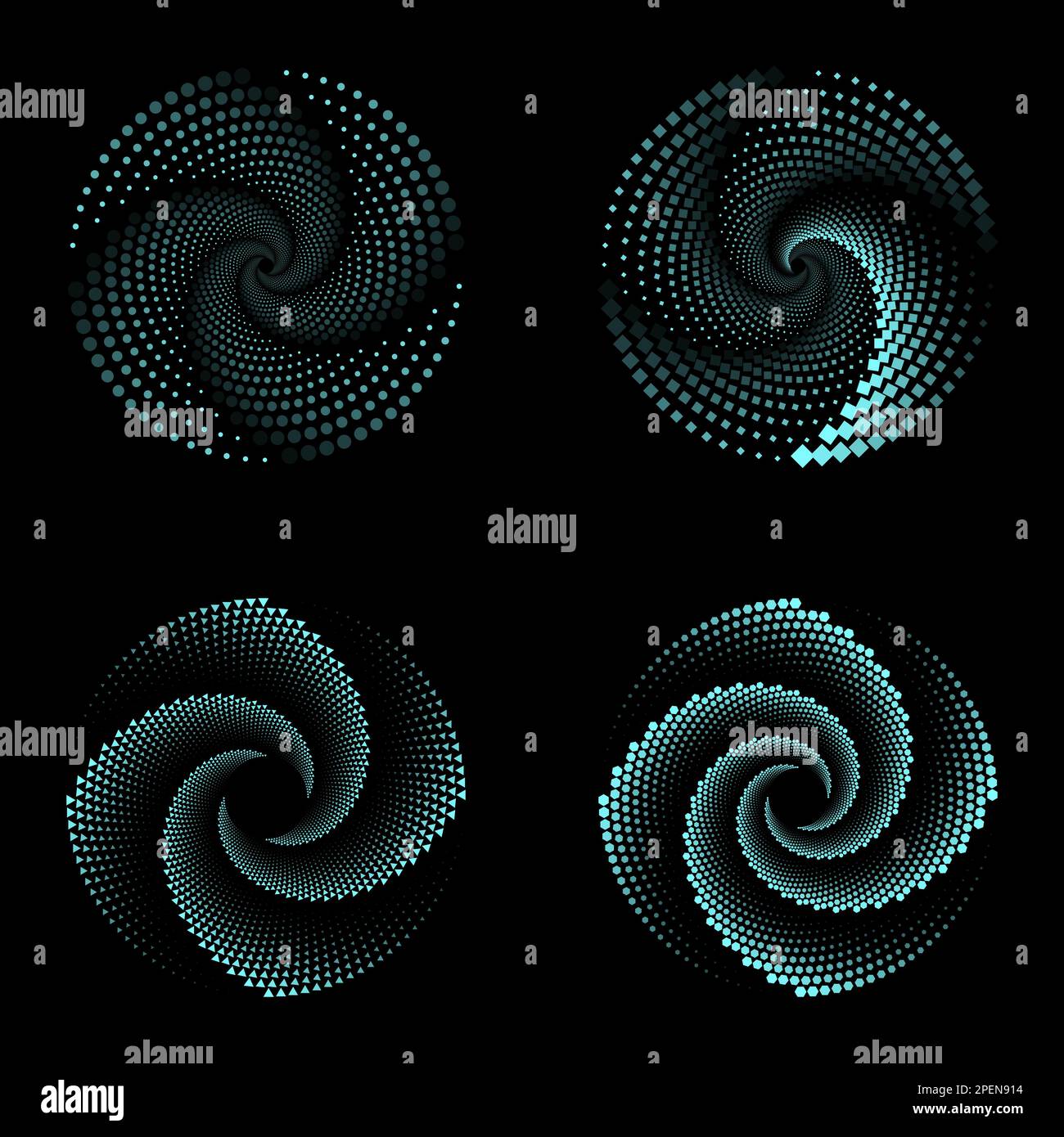 Set di spirali frattali astratti su sfondo nero. Perfetto per qualsiasi utilizzo. Illustrazione Vettoriale