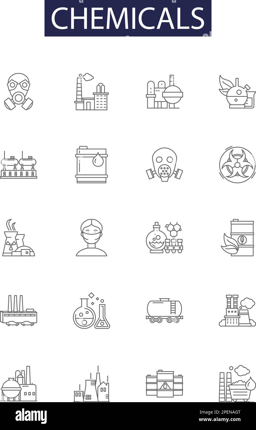 Icone e segni vettoriali delle linee chimiche. Solventi, composti, composti, reagenti, gas, Set di illustrazioni vettoriali per profili di alogenuri, metalli, ossidi Illustrazione Vettoriale