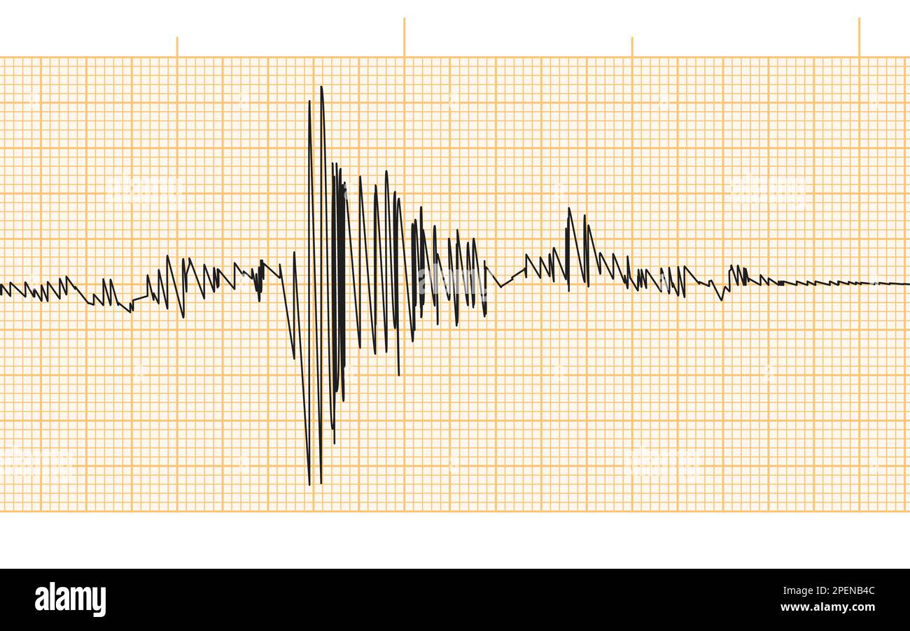 Sismogramma di attività sismica o record di rilevatore di bugie. Carta a griglia gialla. Sfondo diagramma terremoto o onda audio. Movimento del suolo, eruzione del vulcano Illustrazione Vettoriale