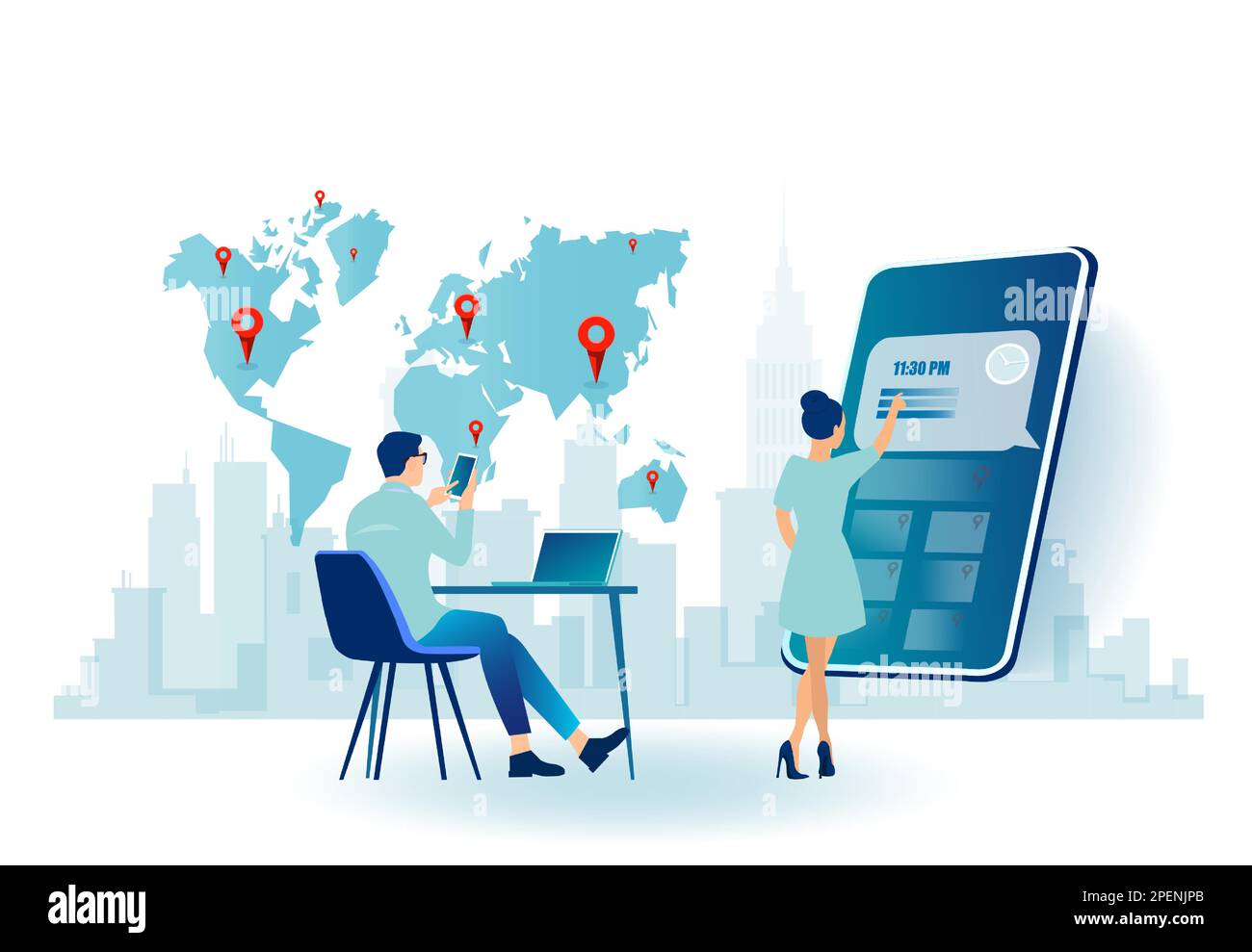 Vettore di persone aziendali che gestiscono la loro pianificazione e gli appuntamenti tramite l'assistente di app digitali Illustrazione Vettoriale