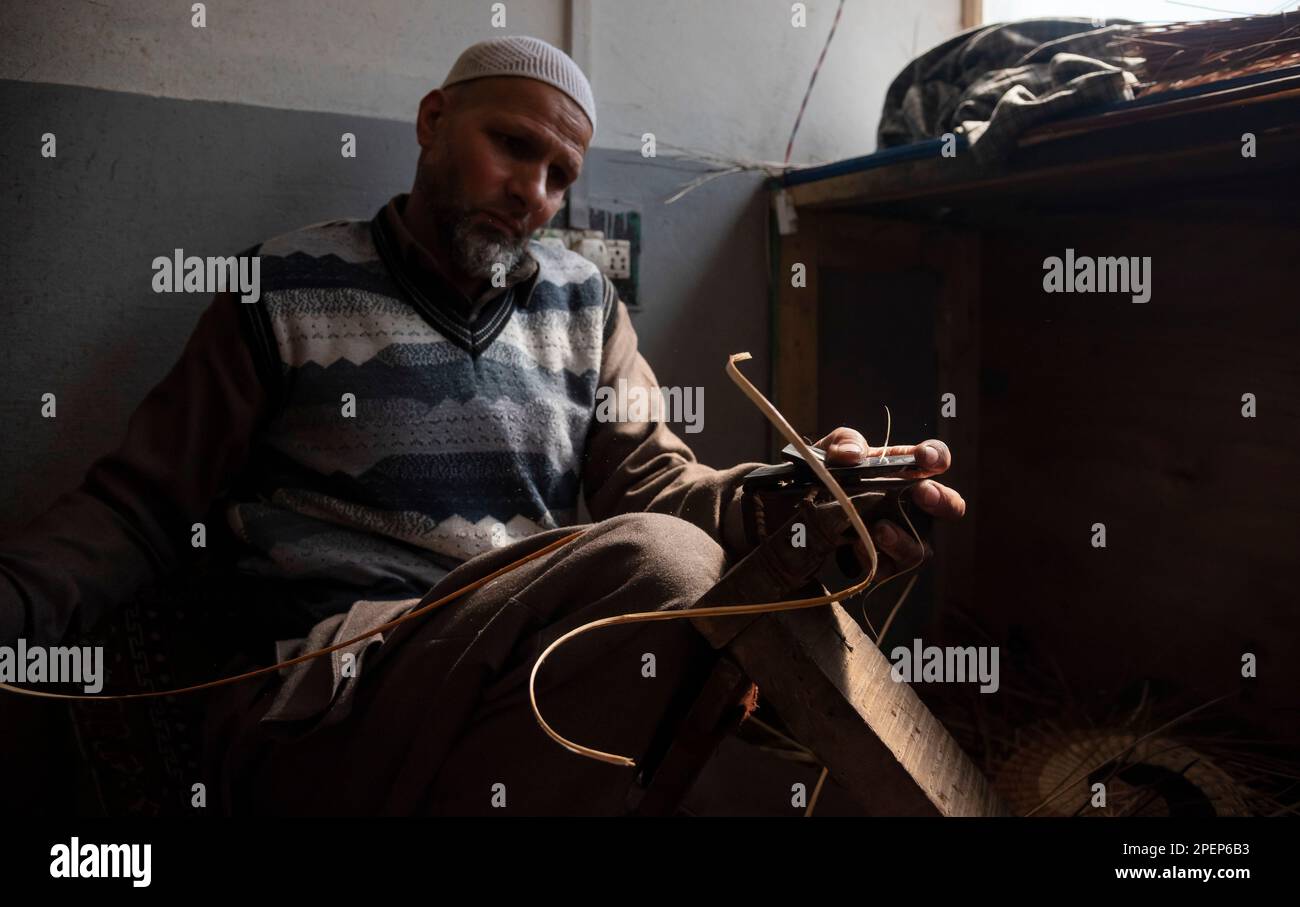 Un artigiano si spaccia da un ramoscello per utilizzarlo per produrre un cesto artigianale nel suo posto di lavoro a Ganderbal. Il vimini di Willow, conosciuto anche come Keani Keam localmente, è una forma d'arte artigianale del Kashmir che coinvolge la tessitura con canne di salice. Sia per i mercati nazionali che internazionali, una vasta gamma di prodotti viene prodotta utilizzando questa tecnica. Il beneficio di usando salice su bambù o canna è che è più durevole e resistente agli insetti. Quasi 5000 persone sono impiegate in questo mestiere in tutto lo stato. La tessitura del cestino è stata una parte di tante colture intorno al mondo ed è dentro Foto Stock