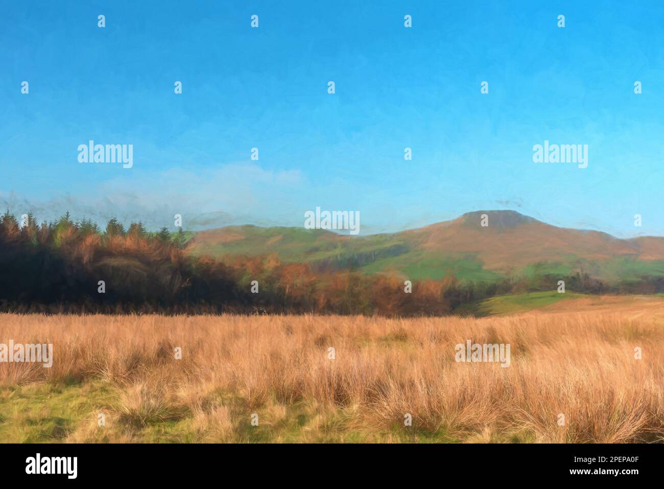 Un acquerello digitale della vista di una lontana Shutlingsloe hill nel Cheshire, il Parco Nazionale di Peak District. Foto Stock