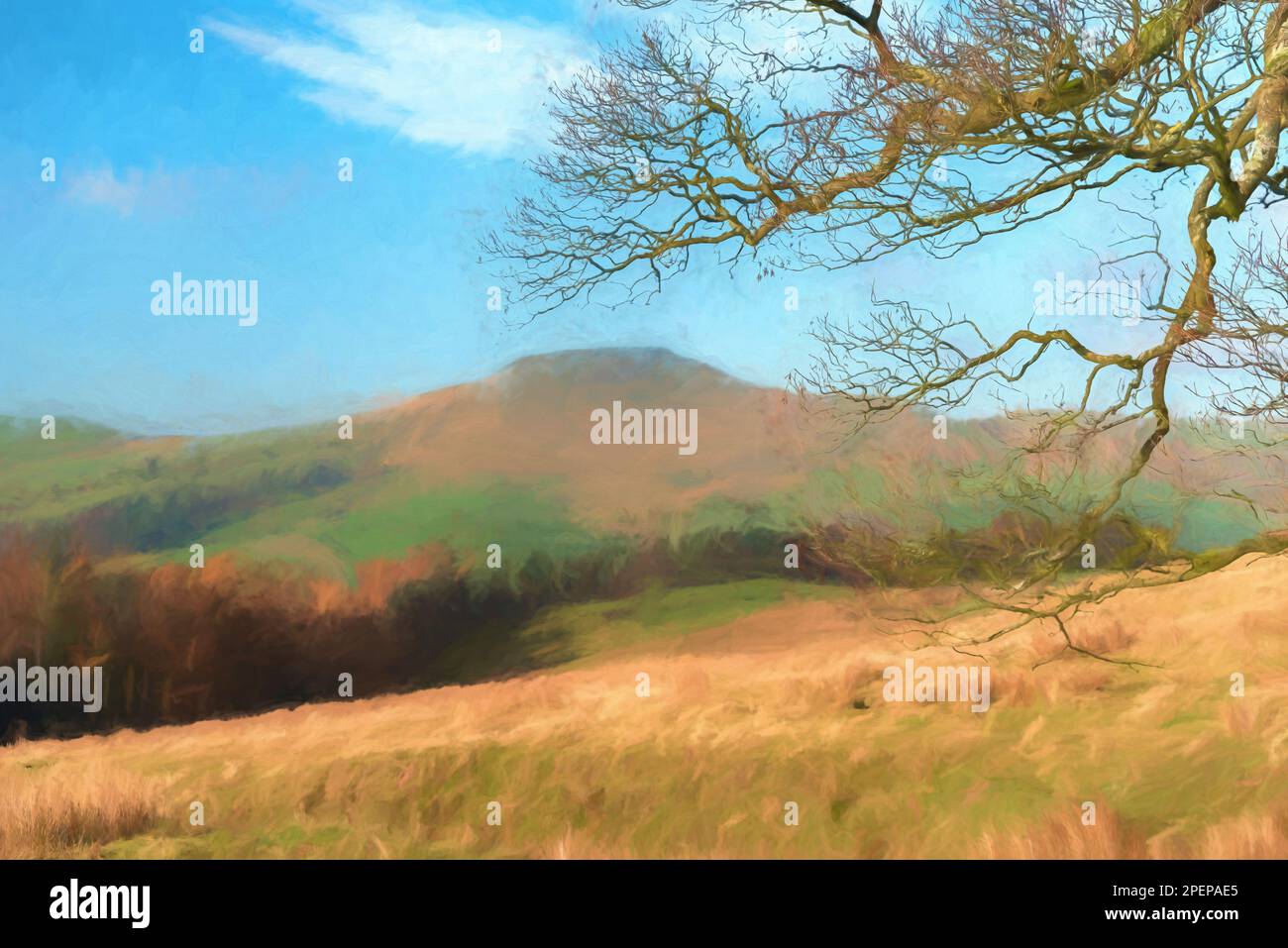 Un acquerello digitale della vista di una lontana Shutlingsloe hill nel Cheshire, il Parco Nazionale di Peak District. Foto Stock