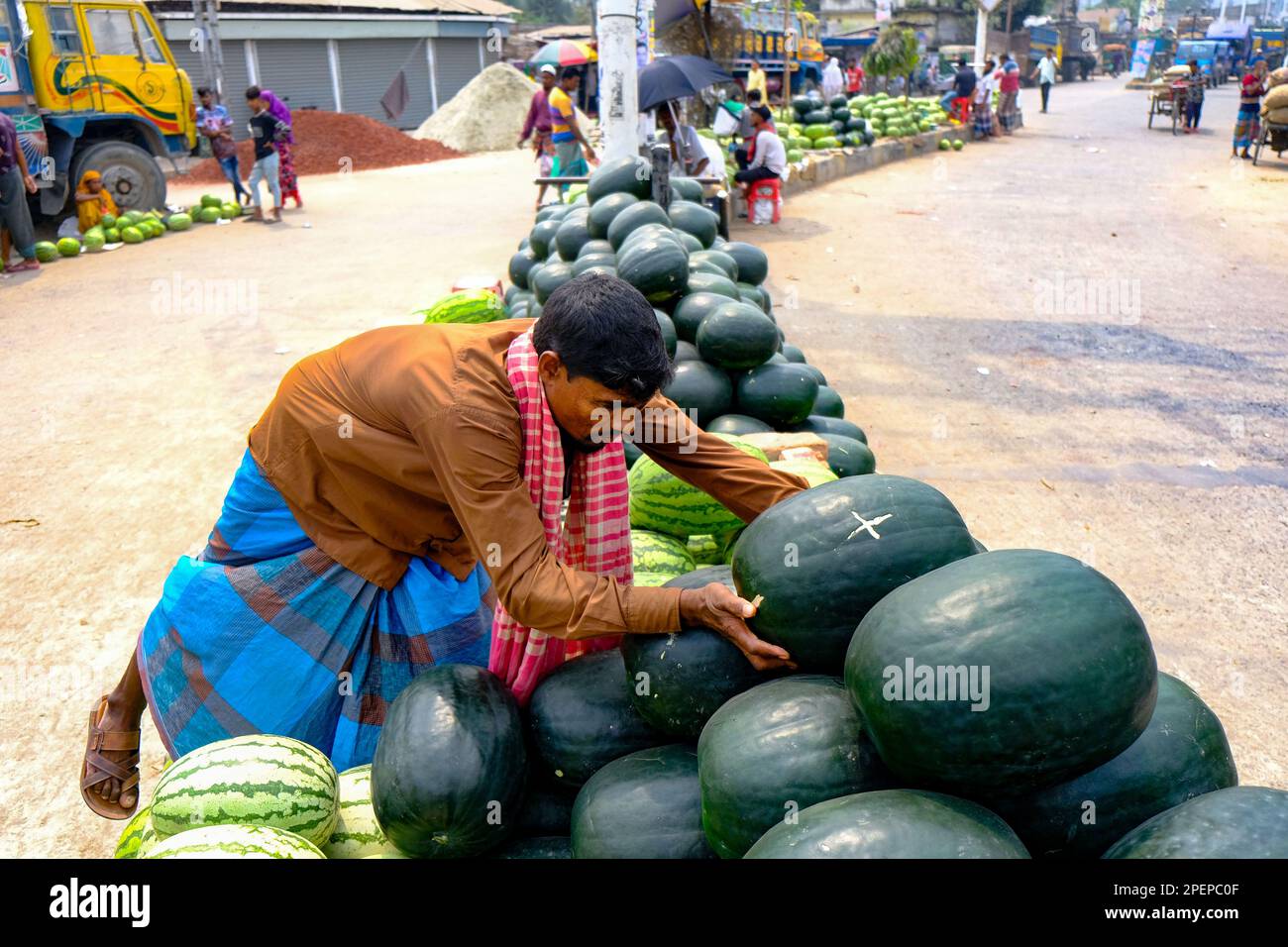 16 marzo 2023, West Tootpara, Khulna, Bangladesh: L'anguria è un frutto popolare in Bangladesh, ed è coltivata in molte regioni, tra cui Khulna. La domanda di anguria è elevata, soprattutto durante la stagione estiva, quando il clima è caldo. Il prezzo del cocomero nel mercato può variare secondo la qualità, la taglia, e la disponibilità del fruit.in anni recenti, il governo del Bangladesh ha preso varie iniziative per promuovere la coltivazione del cocomero nel paese. Tali iniziative includono sovvenzioni, formazione e assistenza tecnica agli agricoltori. Di conseguenza, la produzione Foto Stock