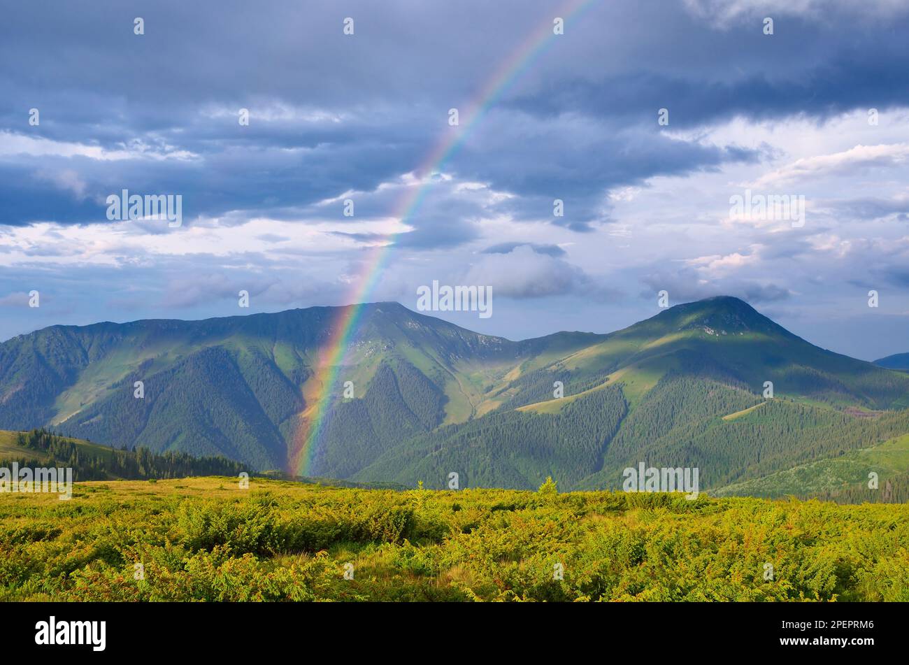 Paesaggio estivo con arcobaleno in montagna. Sole dopo la pioggia. Bellezza nella natura Foto Stock