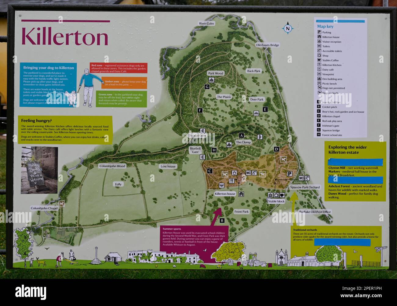 Killerton House, una casa del XVIII secolo a Broadclyst, Exeter, Devon, Inghilterra, Regno Unito - cartello turistico. Foto Stock