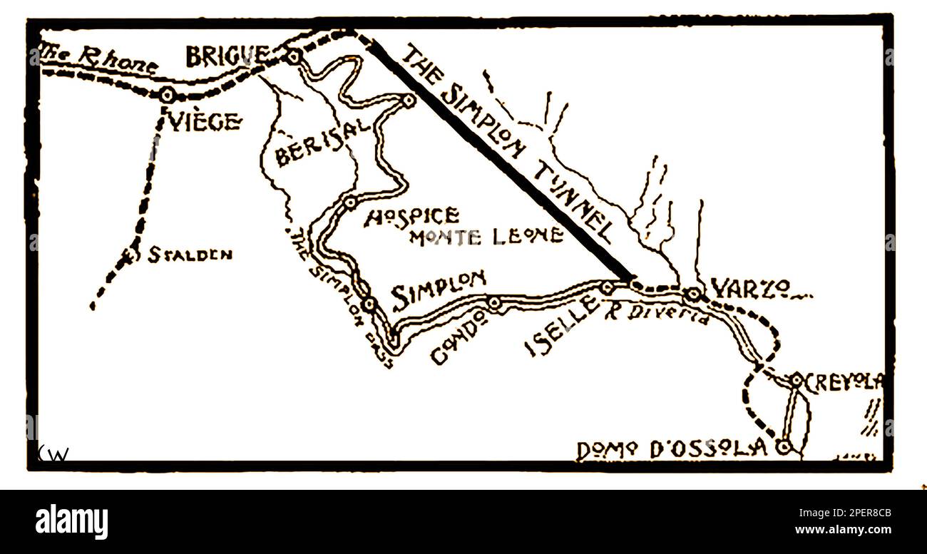 Una mappa del 1892 raffigurante il tunnel del Sempione (AKA Sempione, Traforo del Sempione o Galleria del Sempione, costruito da Brandt & Brandau; Foto Stock