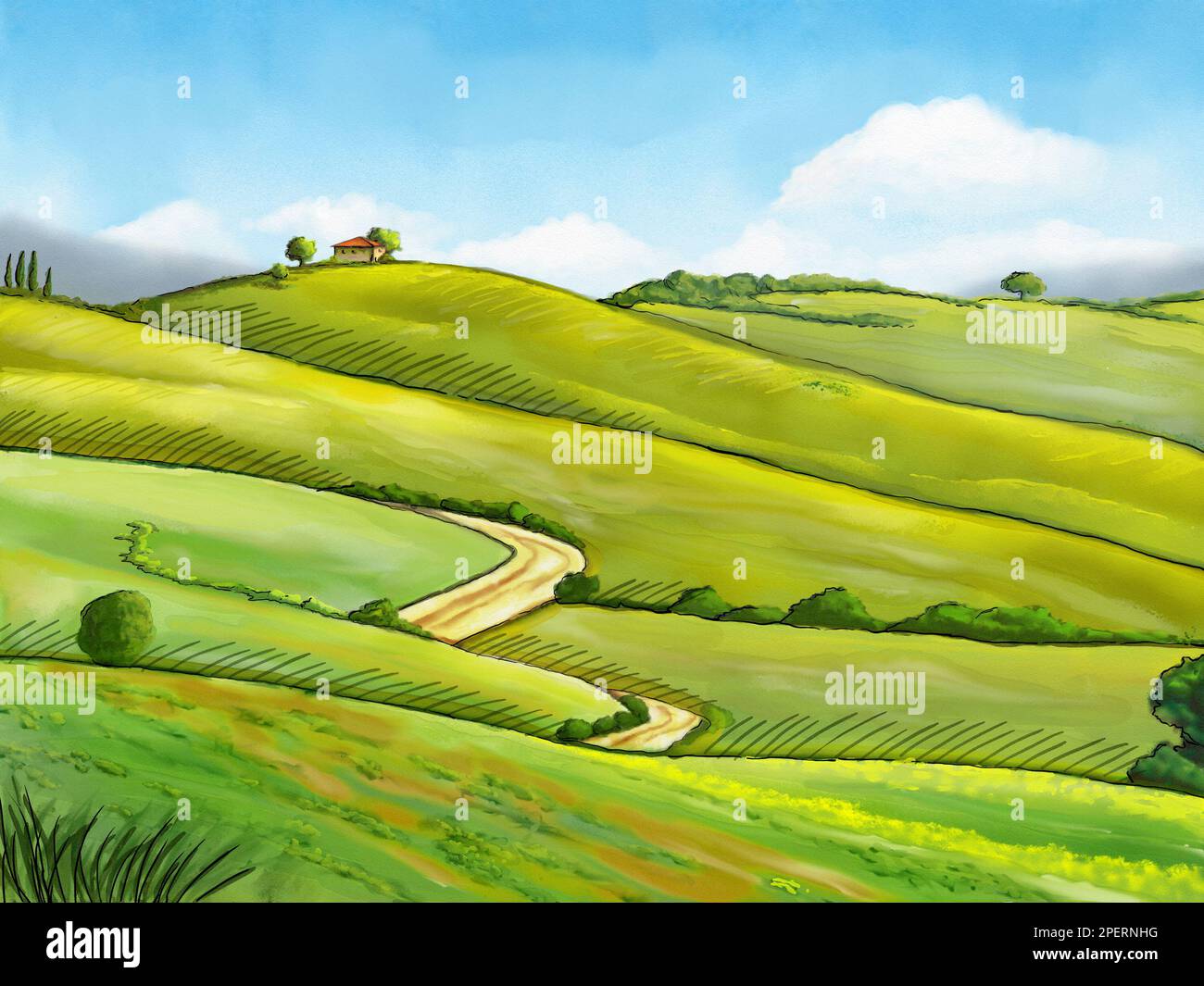 Paesaggio rurale colorato e rilassante. Illustrazione digitale. Foto Stock