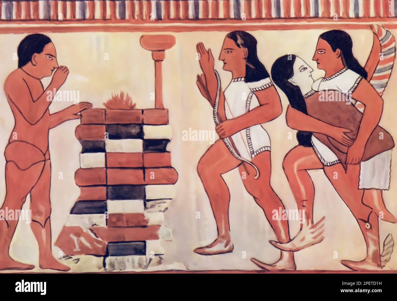 Un'illustrazione di un particolare delle placche etrusche Campana di Cerveteri, Italia, c520BC. Una rappresentazione etrusca di una cerimonia di bruciatura dei morti. Nel corso di un periodo di tempo gli Etruschi iniziarono a seppellire i loro morti, anche se la cremazione persisteva fino al 1st° secolo a.C. Foto Stock