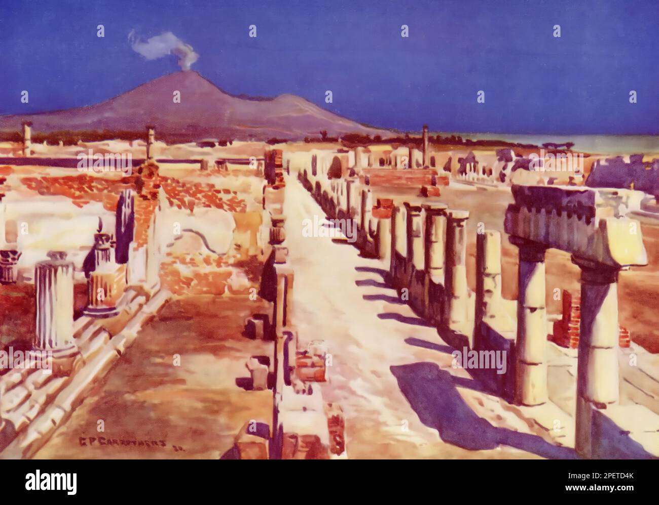 Street scene, Pompei, Campania, Italia, 1920. Di C. P. Carruthers. Pompei era un'antica città situata in quello che oggi è il comune di Pompei nei pressi di Napoli, Campania, Italia. Pompei, insieme ad Ercolano, fu sepolta sotto i 4 - 6 m (13 - 20 piedi) di cenere vulcanica e pomice durante l'eruzione del Vesuvio nel 79 d.C. Foto Stock
