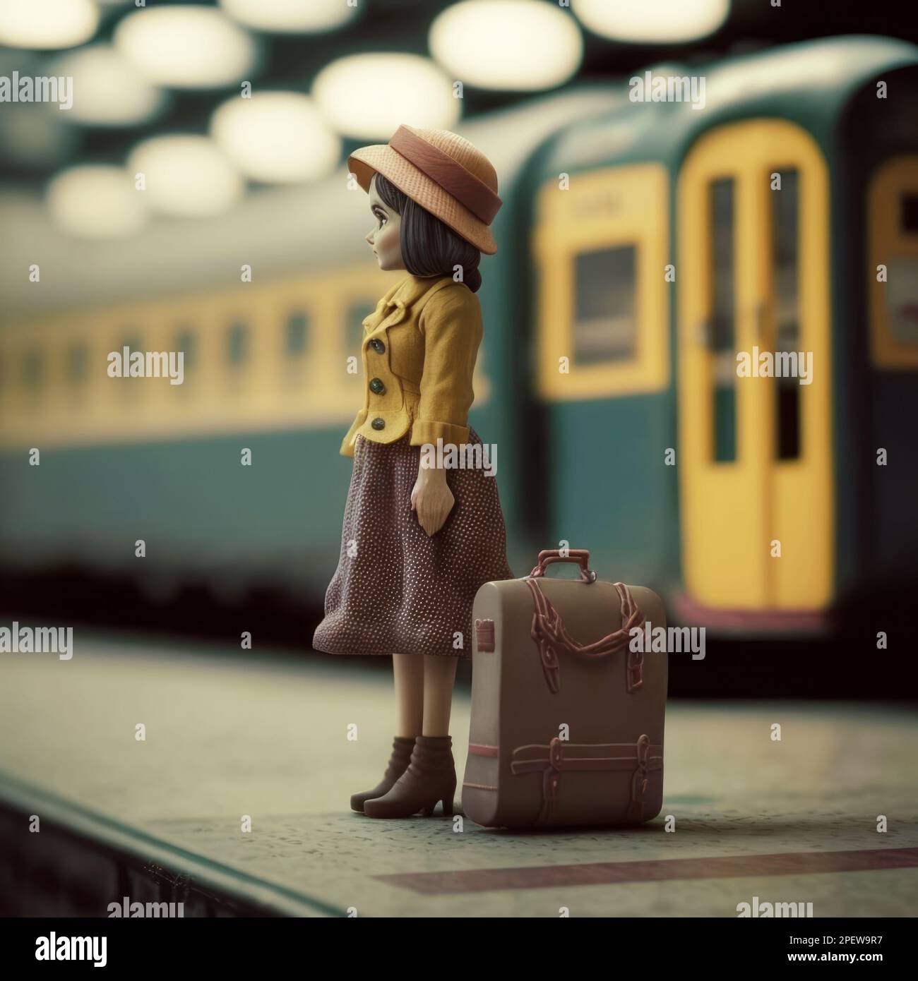 Donna di argilla con valigie sulla piattaforma della stazione in attesa dell'arrivo del treno. Illustrazione in stile retrò. Stile Claimation. Inclinazione-Shi Foto Stock