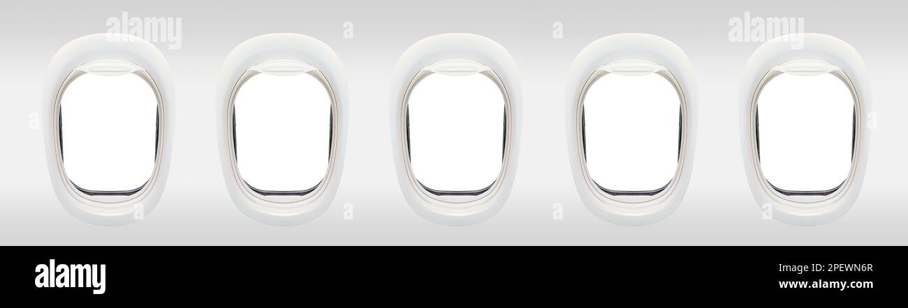 Foto di cinque finestre di un aeroplano dall'interno (concetto di volo), cornici isolate su sfondo bianco Foto Stock