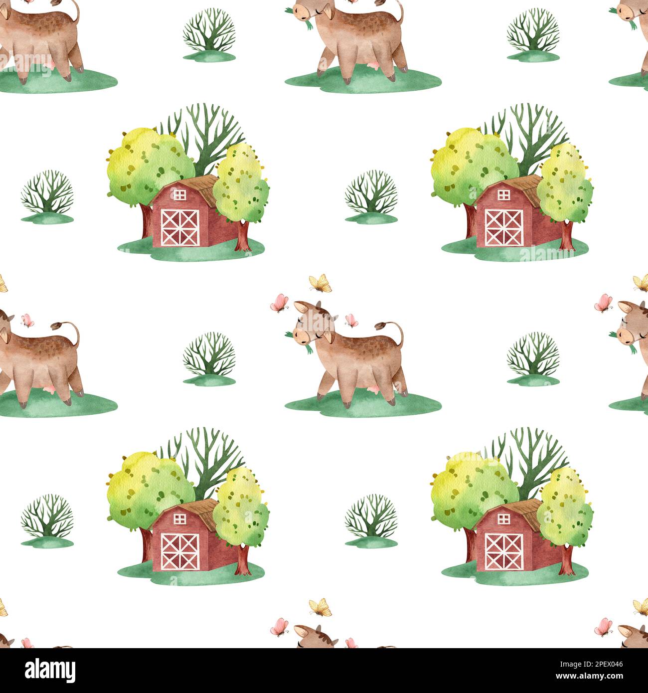 Acquerello senza cuciture modello di allevamento con animali domestici. Cavallo, pecora, vacca, maiale, oca, pollo. terreno agricolo modello infantile senza cuciture. Tessile, poste Foto Stock