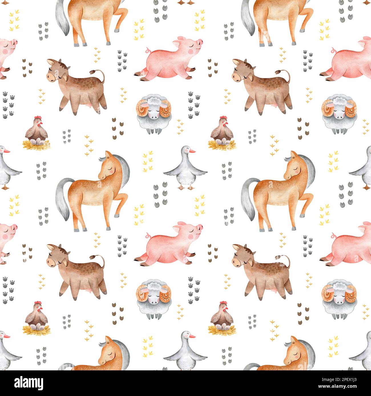 Acquerello senza cuciture modello di allevamento con animali domestici. Cavallo, pecora, vacca, maiale, oca, pollo. terreno agricolo modello infantile senza cuciture. Tessile, poste Foto Stock
