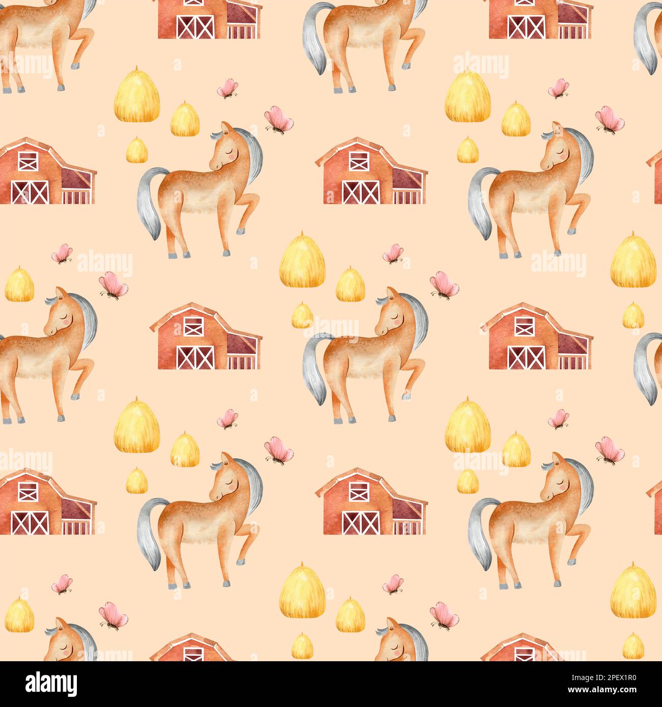 Acquerello senza cuciture modello di allevamento con animali domestici. Cavallo, pecora, vacca, maiale, oca, pollo. terreno agricolo modello infantile senza cuciture. Tessile, poste Foto Stock