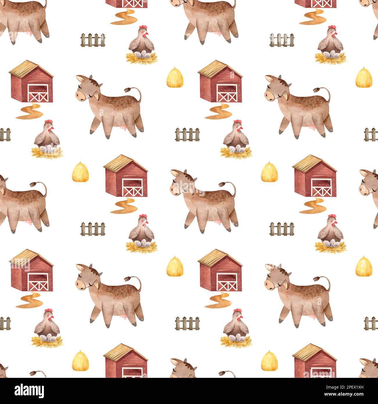 Acquerello senza cuciture modello di allevamento con animali domestici. Cavallo, pecora, vacca, maiale, oca, pollo. terreno agricolo modello infantile senza cuciture. Tessile, poste Foto Stock