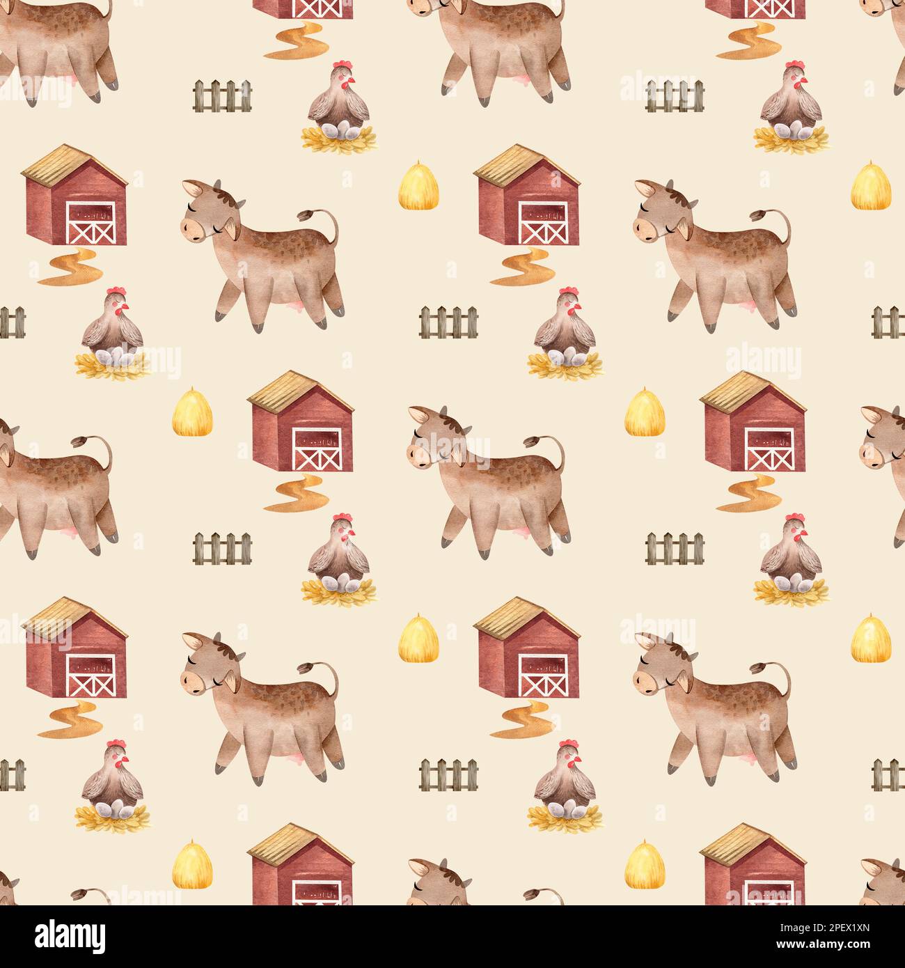 Acquerello senza cuciture modello di allevamento con animali domestici. Cavallo, pecora, vacca, maiale, oca, pollo. terreno agricolo modello infantile senza cuciture. Tessile, poste Foto Stock