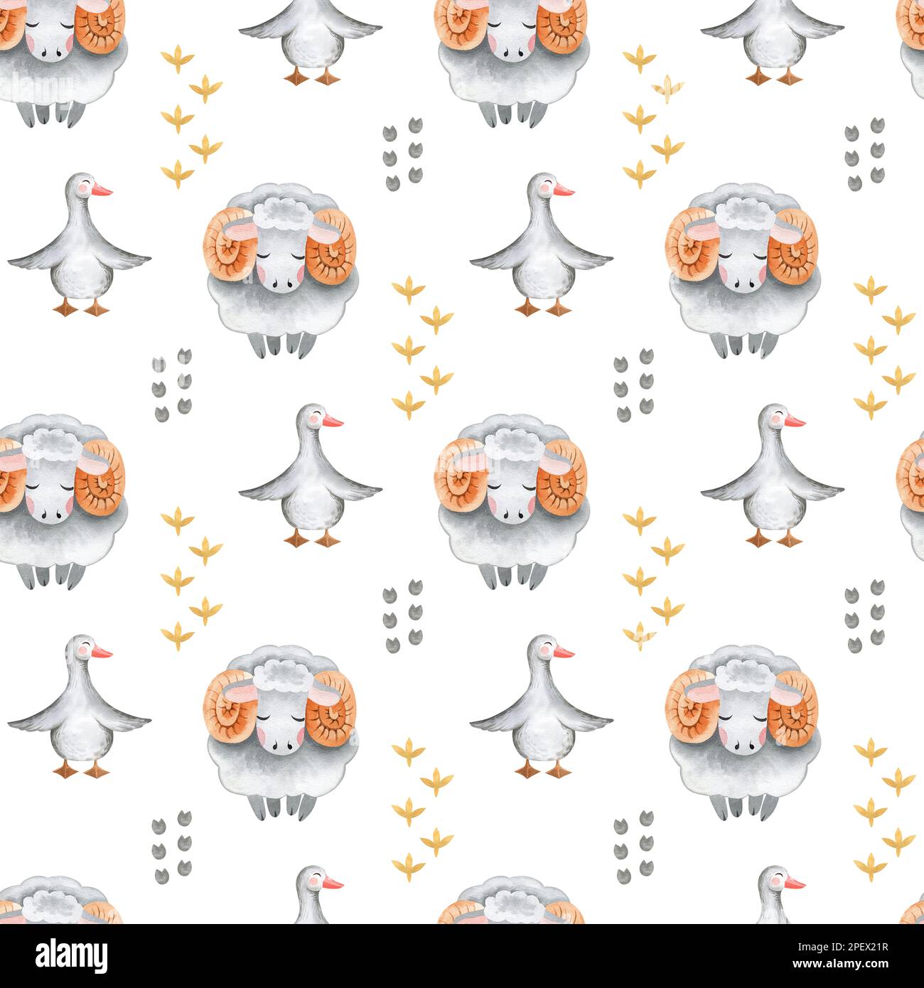 Acquerello senza cuciture modello di allevamento con animali domestici. Cavallo, pecora, vacca, maiale, oca, pollo. terreno agricolo modello infantile senza cuciture. Tessile, poste Foto Stock