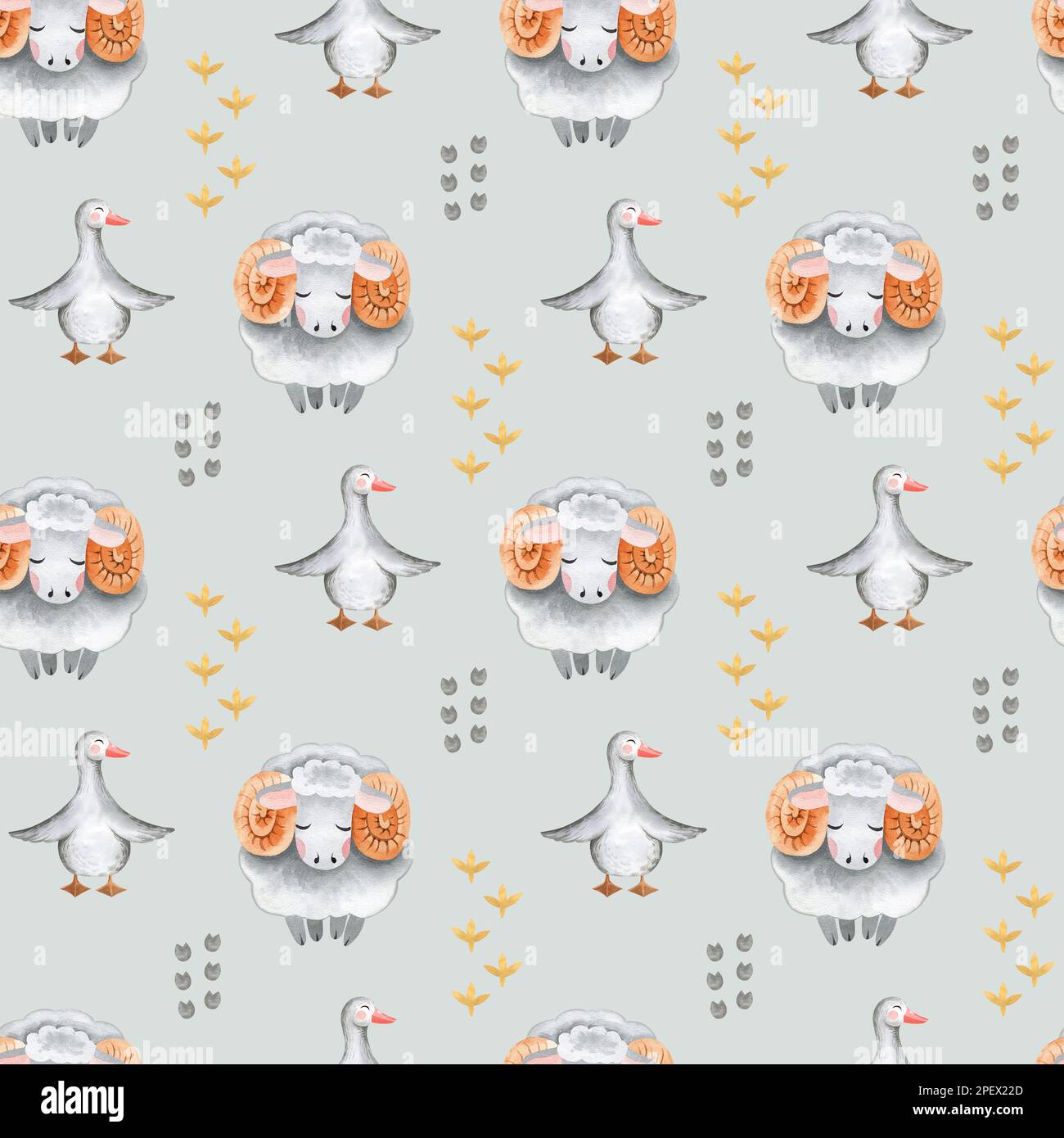 Acquerello senza cuciture modello di allevamento con animali domestici. Cavallo, pecora, vacca, maiale, oca, pollo. terreno agricolo modello infantile senza cuciture. Tessile, poste Foto Stock