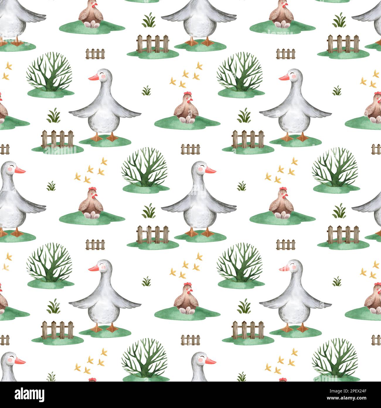 Acquerello senza cuciture modello di allevamento con animali domestici. Cavallo, pecora, vacca, maiale, oca, pollo. terreno agricolo modello infantile senza cuciture. Tessile, poste Foto Stock