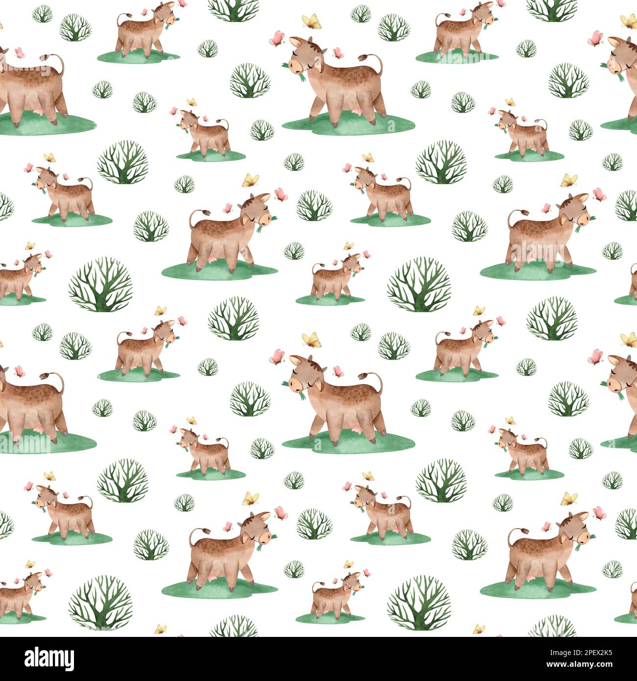 Acquerello senza cuciture modello di allevamento con animali domestici. Cavallo, pecora, vacca, maiale, oca, pollo. terreno agricolo modello infantile senza cuciture. Tessile, poste Foto Stock