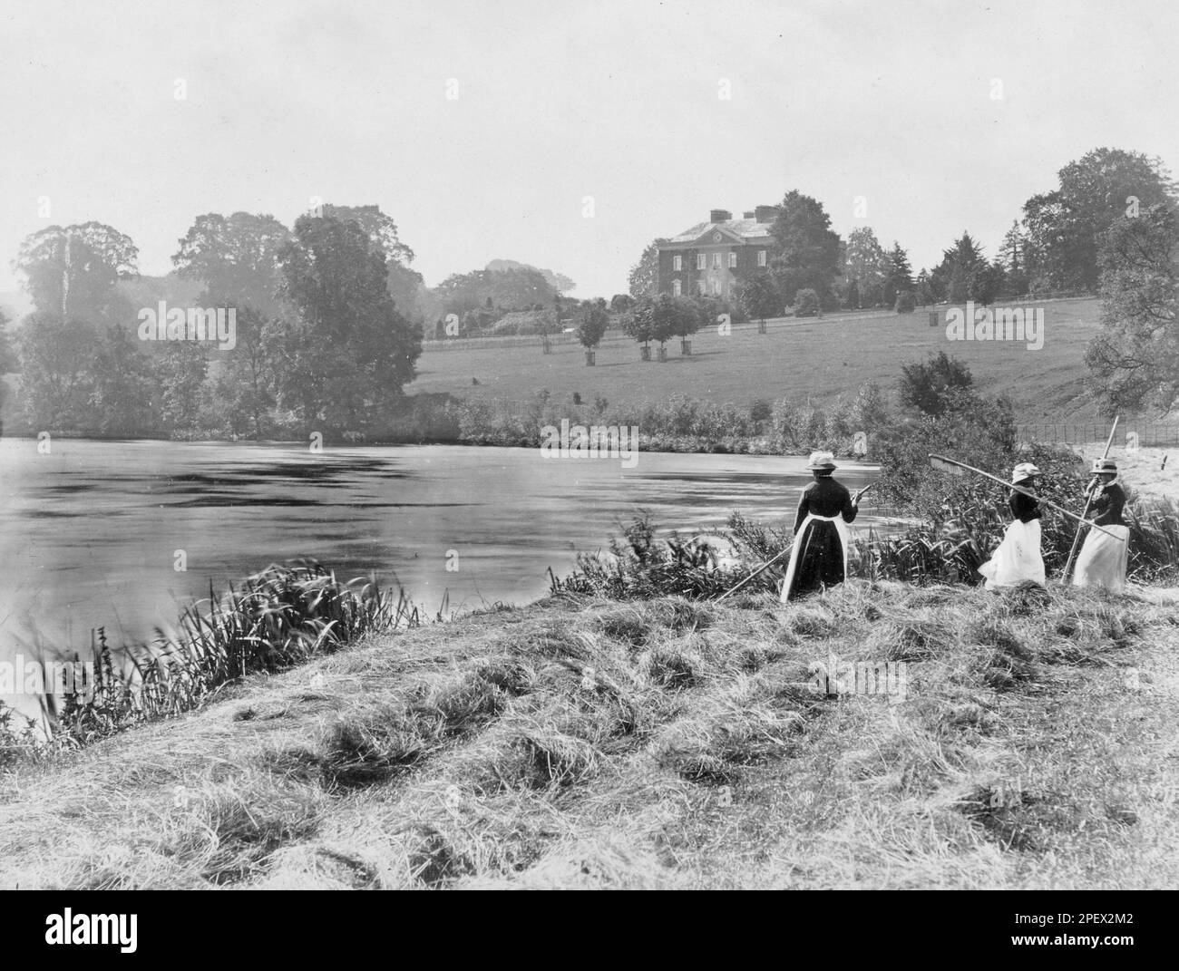 Donne che fanno fienare lungo la riva del fiume a Henley-on-Thames, Culham Court sullo sfondo - 1898 Foto Stock