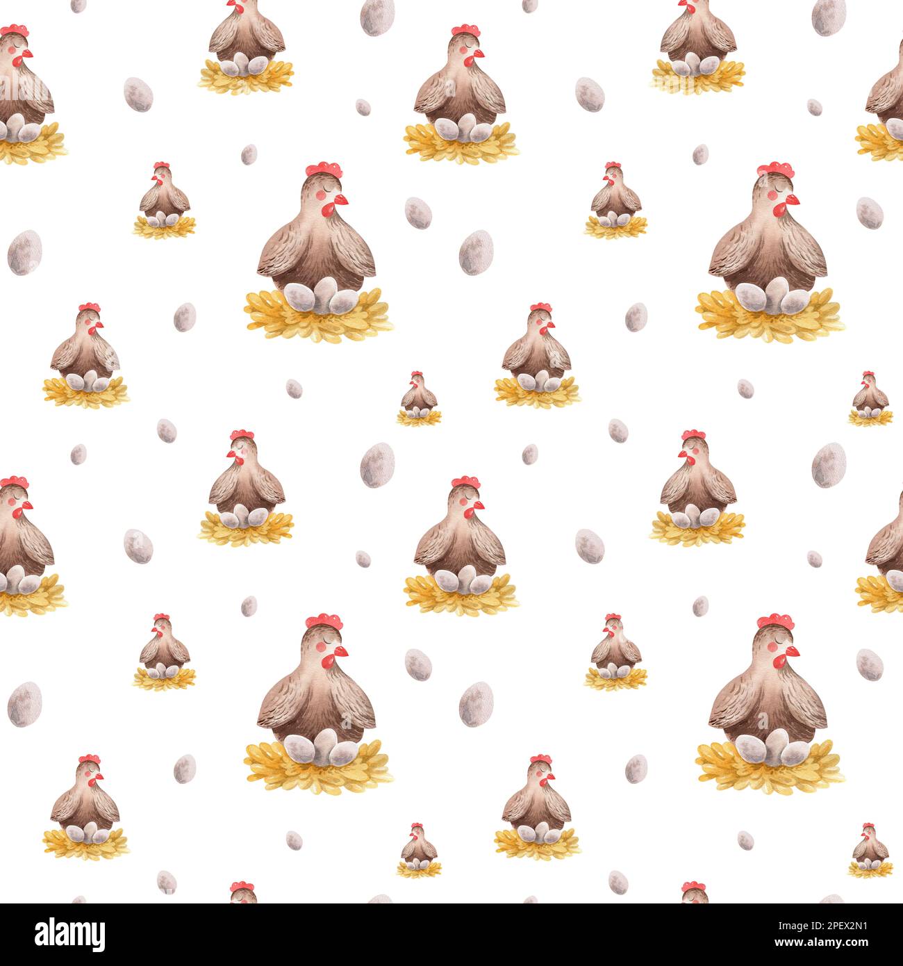 Acquerello senza cuciture modello di allevamento con animali domestici. Cavallo, pecora, vacca, maiale, oca, pollo. terreno agricolo modello infantile senza cuciture. Tessile, poste Foto Stock