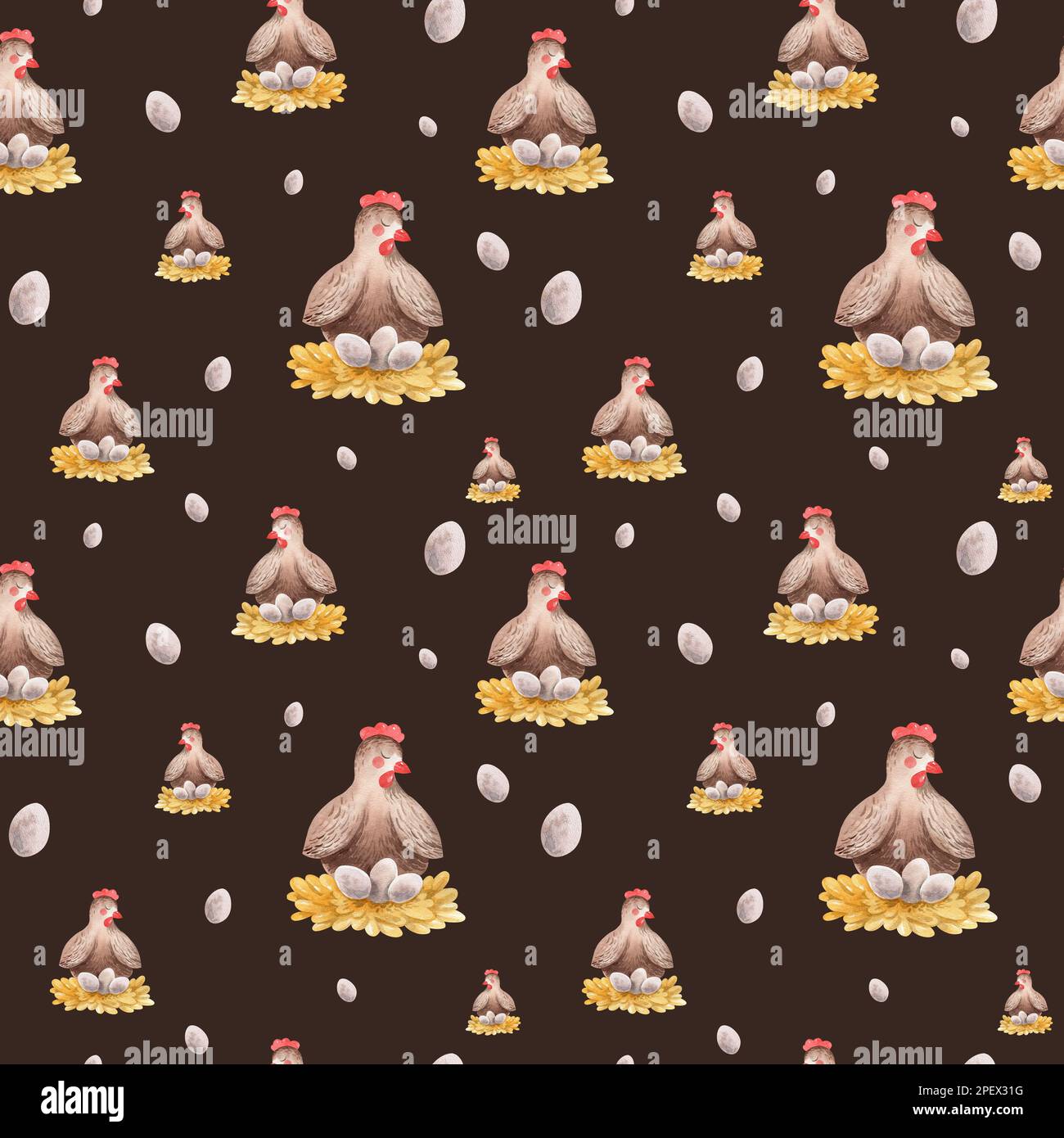 Acquerello senza cuciture modello di allevamento con animali domestici. Cavallo, pecora, vacca, maiale, oca, pollo. terreno agricolo modello infantile senza cuciture. Tessile, poste Foto Stock