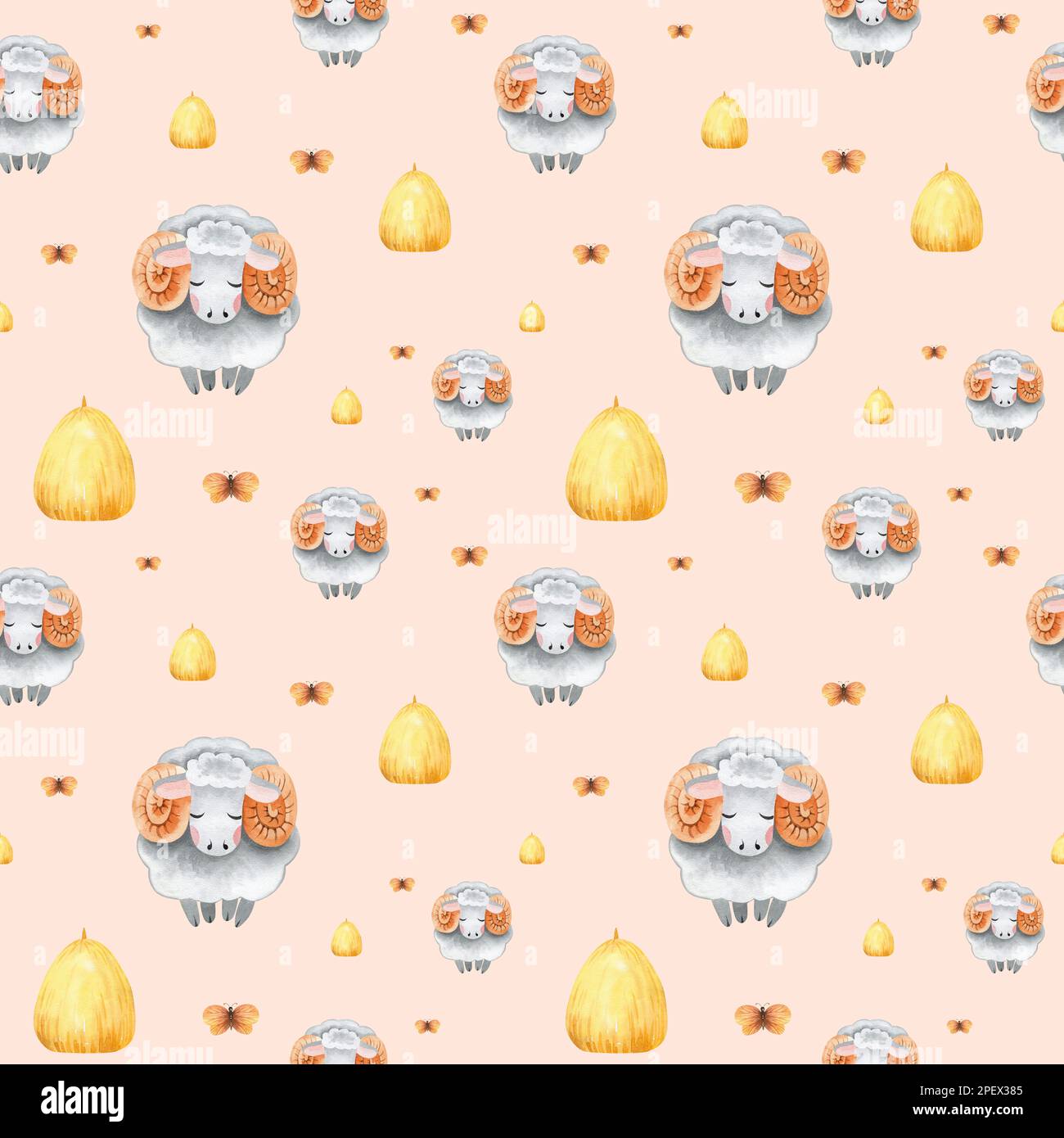 Acquerello senza cuciture modello di allevamento con animali domestici. Cavallo, pecora, vacca, maiale, oca, pollo. terreno agricolo modello infantile senza cuciture. Tessile, poste Foto Stock