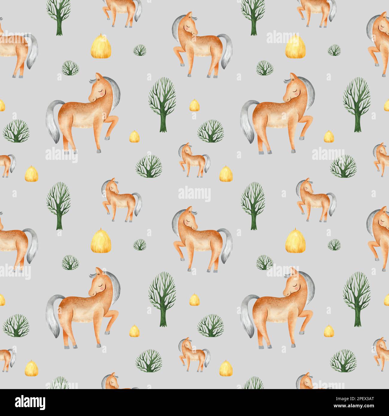 Acquerello senza cuciture modello di allevamento con animali domestici. Cavallo, pecora, vacca, maiale, oca, pollo. terreno agricolo modello infantile senza cuciture. Tessile, poste Foto Stock