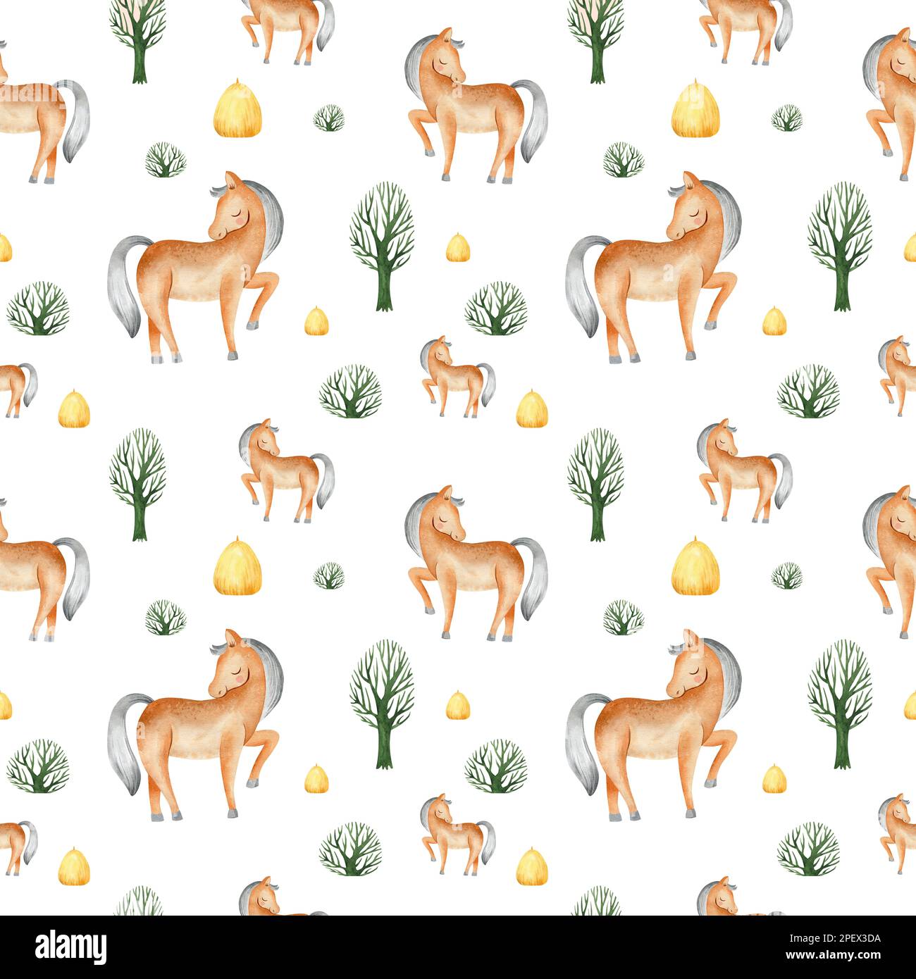 Acquerello senza cuciture modello di allevamento con animali domestici. Cavallo, pecora, vacca, maiale, oca, pollo. terreno agricolo modello infantile senza cuciture. Tessile, poste Foto Stock