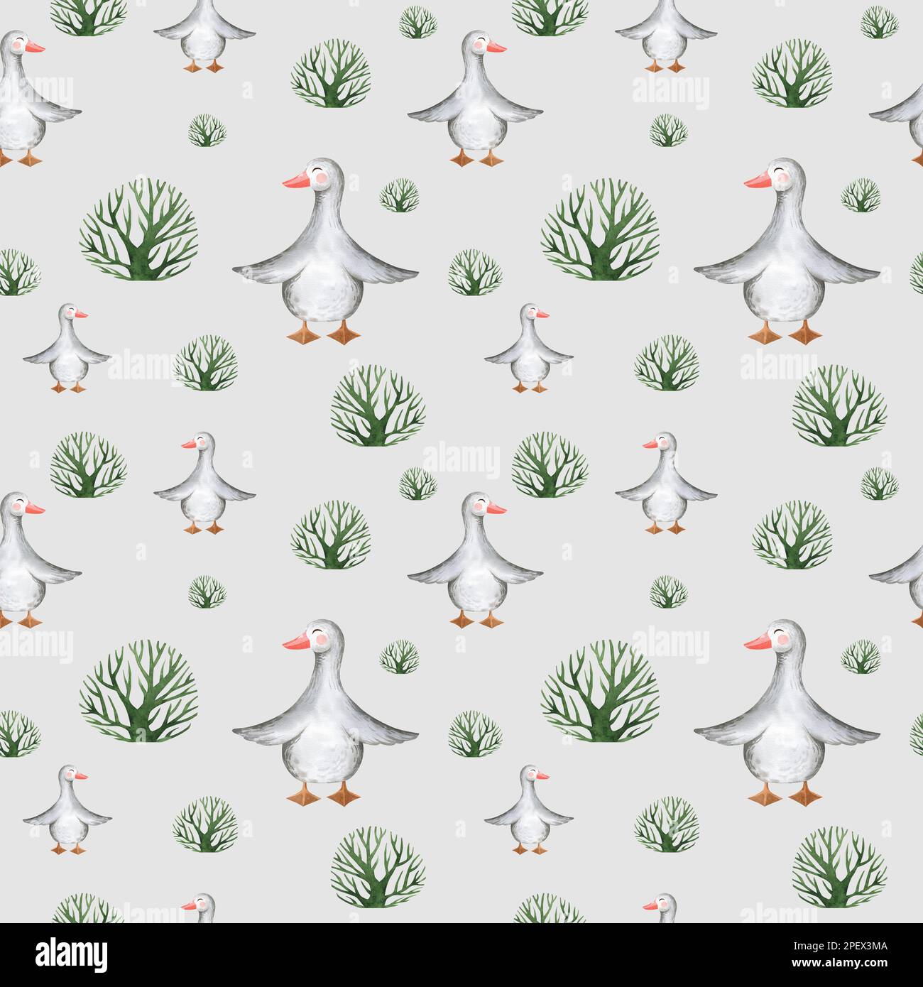 Acquerello senza cuciture modello di allevamento con animali domestici. Cavallo, pecora, vacca, maiale, oca, pollo. terreno agricolo modello infantile senza cuciture. Tessile, poste Foto Stock