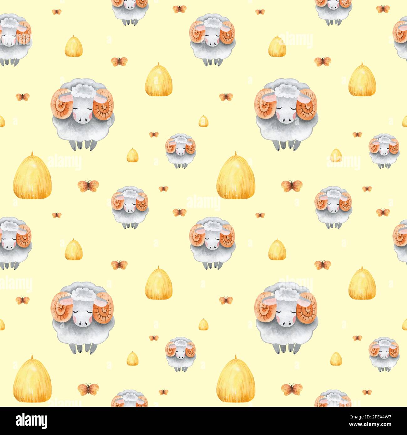 Acquerello senza cuciture modello di allevamento con animali domestici. Cavallo, pecora, vacca, maiale, oca, pollo. terreno agricolo modello infantile senza cuciture. Tessile, poste Foto Stock