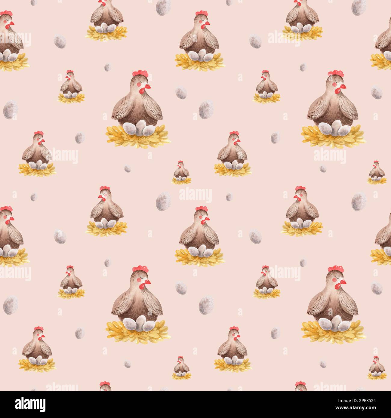 Acquerello senza cuciture modello di allevamento con animali domestici. Cavallo, pecora, vacca, maiale, oca, pollo. terreno agricolo modello infantile senza cuciture. Tessile, poste Foto Stock