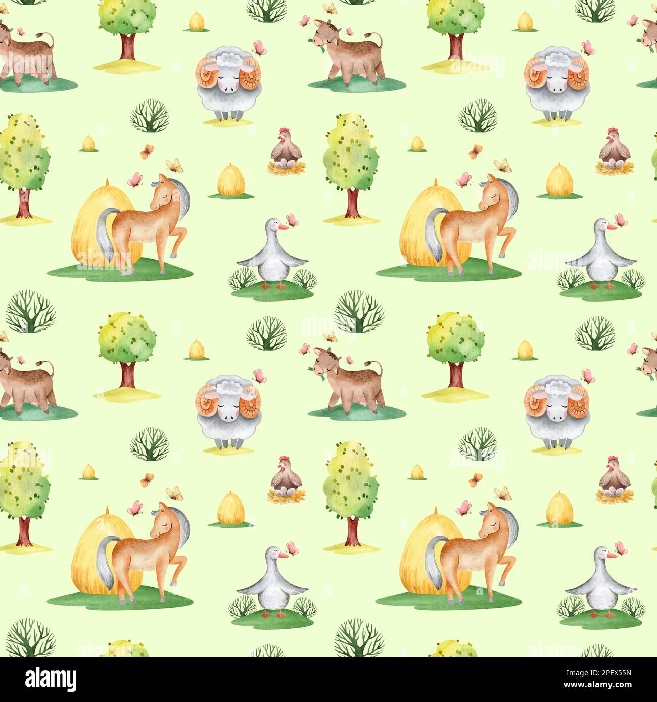 Acquerello senza cuciture modello di allevamento con animali domestici. Cavallo, pecora, vacca, maiale, oca, pollo. terreno agricolo modello infantile senza cuciture. Tessile, poste Foto Stock