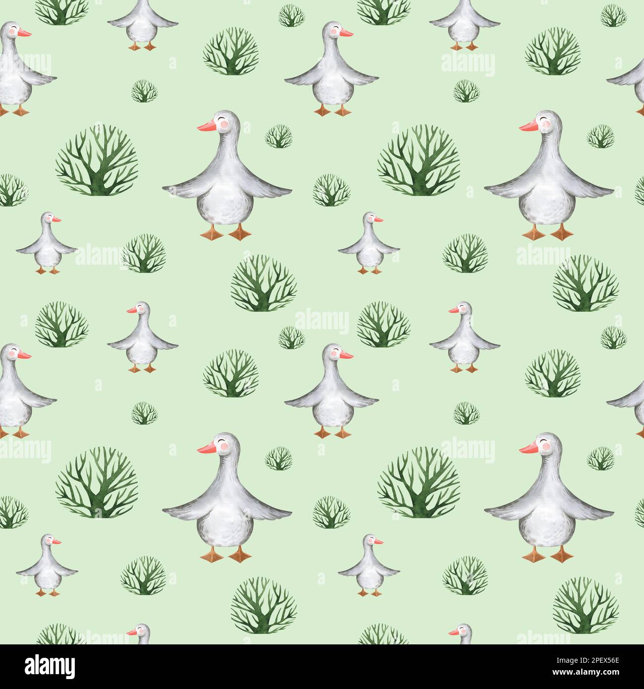 Acquerello senza cuciture modello di allevamento con animali domestici. Cavallo, pecora, vacca, maiale, oca, pollo. terreno agricolo modello infantile senza cuciture. Tessile, poste Foto Stock