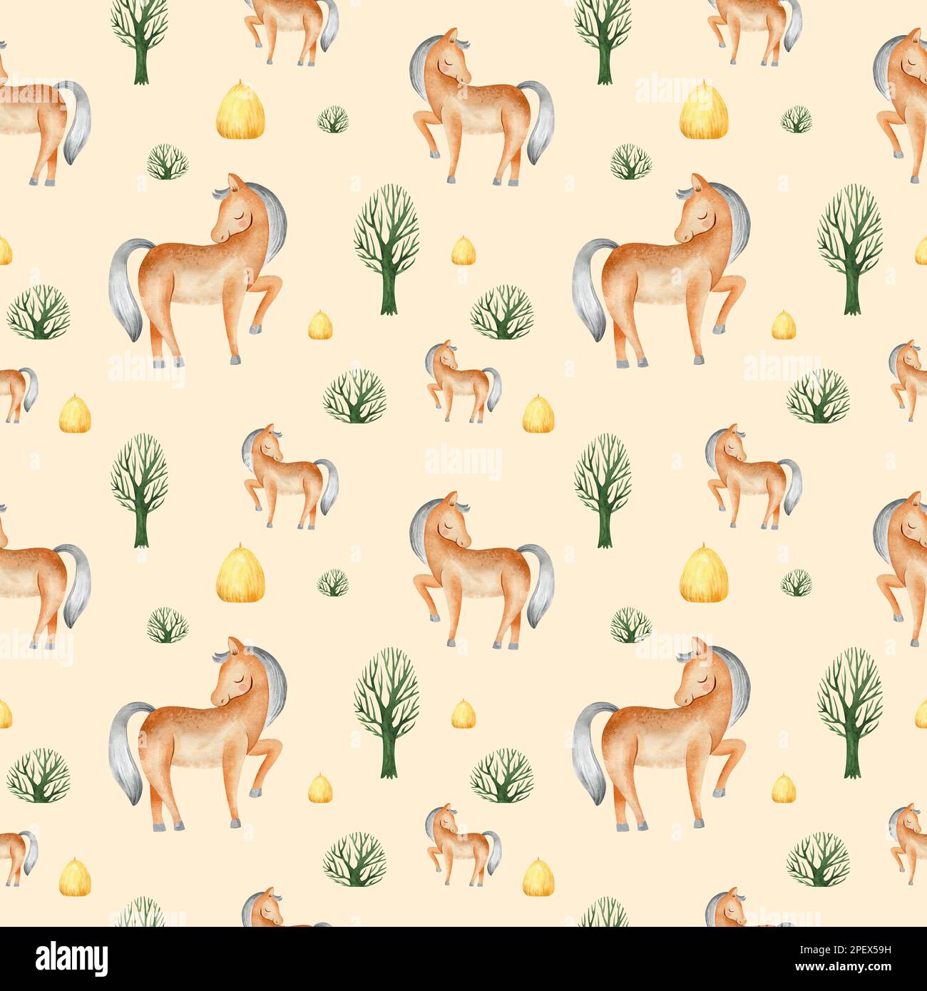 Acquerello senza cuciture modello di allevamento con animali domestici. Cavallo, pecora, vacca, maiale, oca, pollo. terreno agricolo modello infantile senza cuciture. Tessile, poste Foto Stock