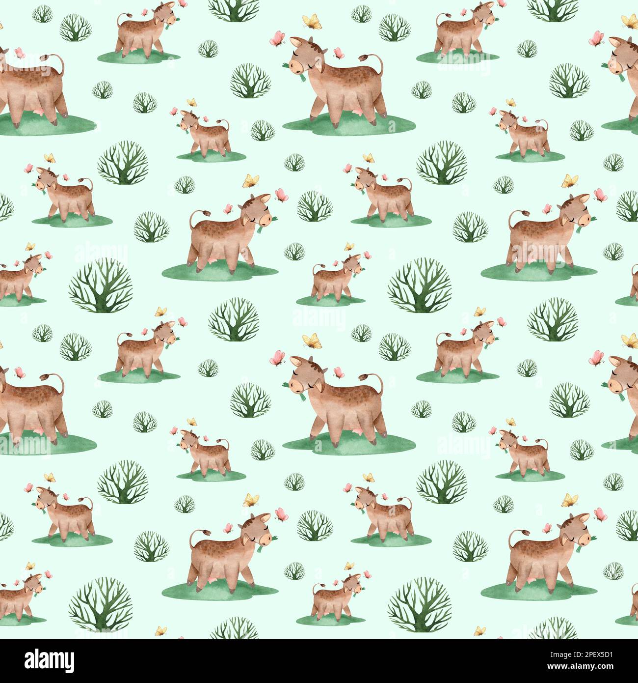 Acquerello senza cuciture modello di allevamento con animali domestici. Cavallo, pecora, vacca, maiale, oca, pollo. terreno agricolo modello infantile senza cuciture. Tessile, poste Foto Stock