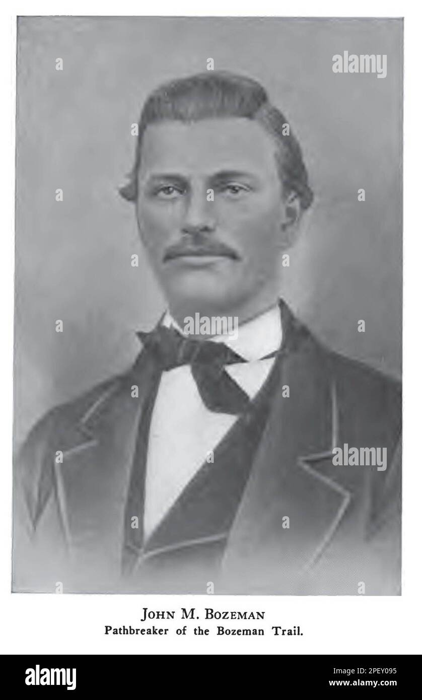 John Merin Bozeman (1835 gennaio – 20 aprile 1867) è stato un pioniere e frontiere nell'Occidente americano che ha contribuito a creare il Bozeman Trail attraverso il Wyoming Territory nei campi d'oro del Montana sud-occidentale all'inizio degli anni '1860s. Aiutò a fondare la città di Bozeman, Montana, nel 1864, che gli è stata chiamata. Foto Stock
