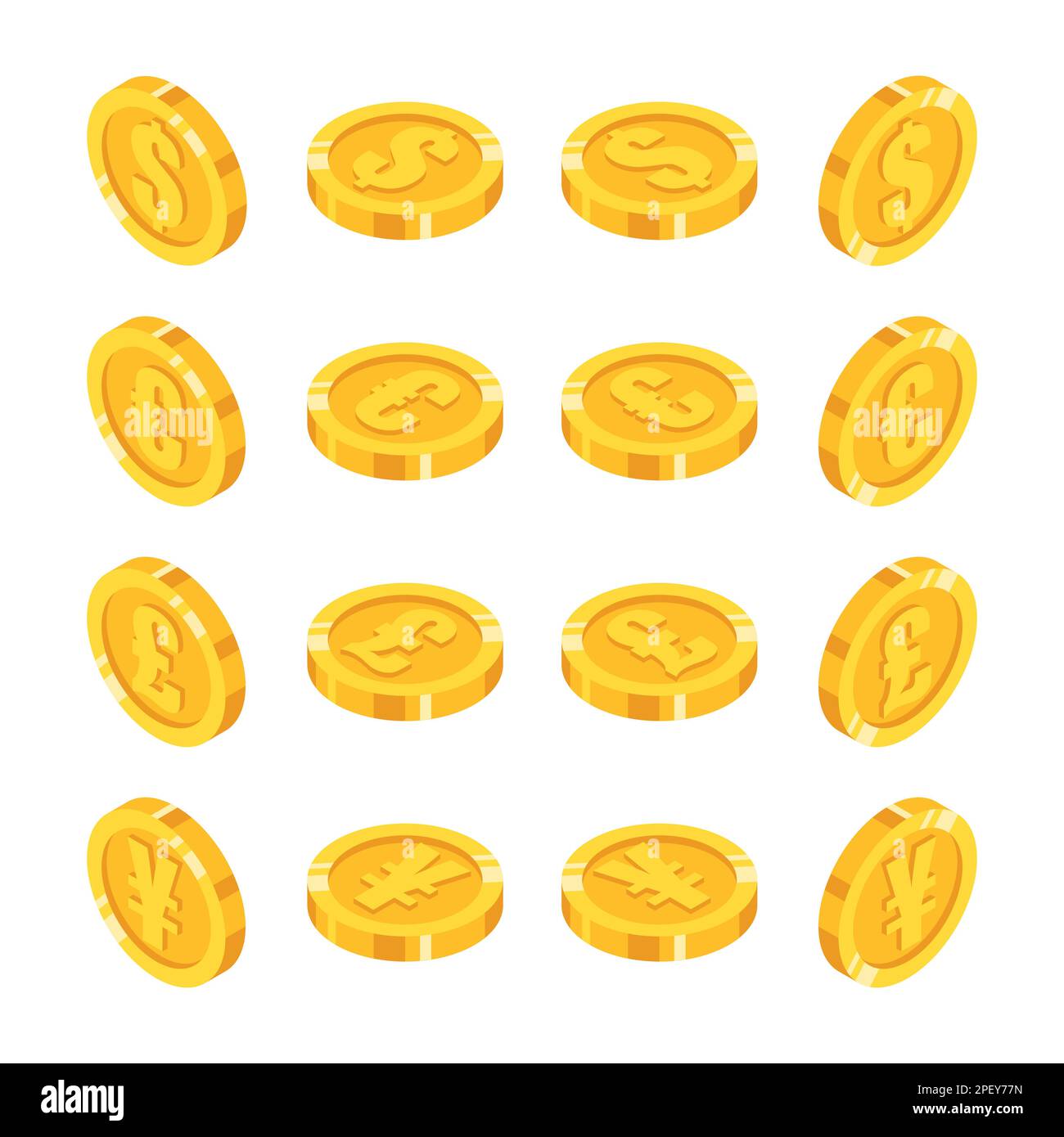 Set di monete d'oro isometriche con le principali valute del mondo segno in diverse angolazioni in stile piatto Illustrazione Vettoriale