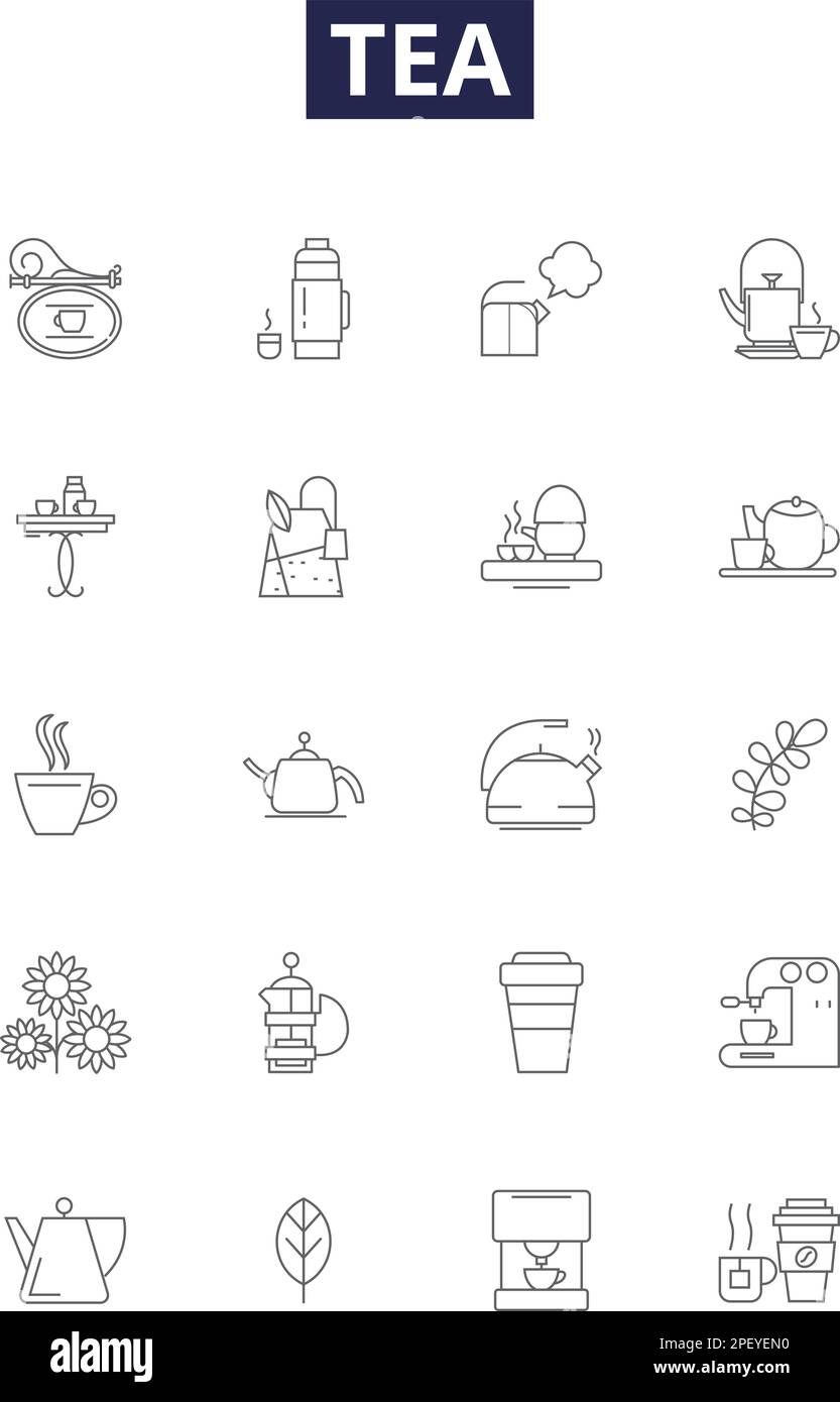 Icone e segni vettoriali della linea TEA. Erbe, Verde, Iced, Jasmine, Earl, Set di illustrazioni vettoriali a contorno grigio, Oolong, pu-erh Illustrazione Vettoriale