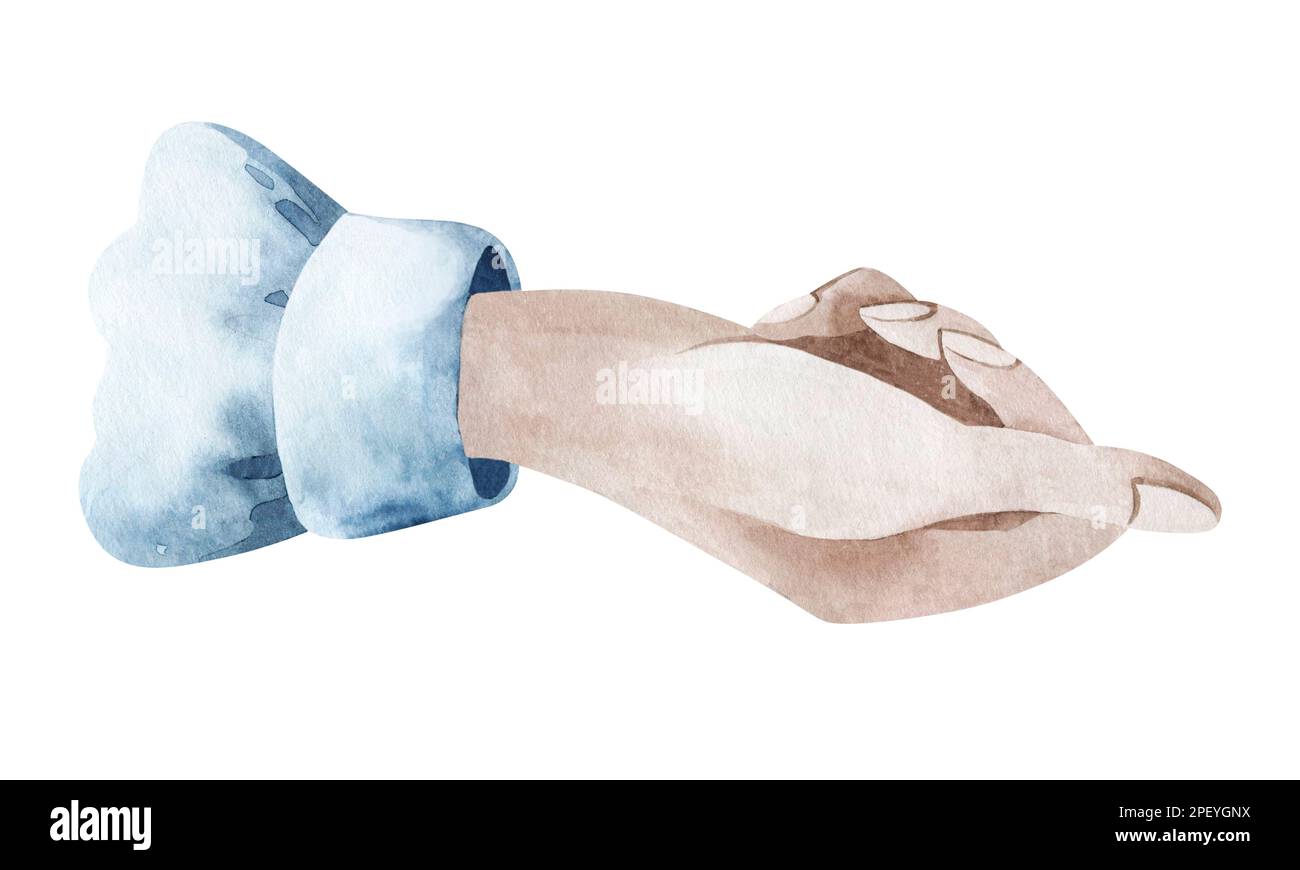 Acquerello illustrazione di hobby di giardinaggio. Piantando giovani pianta, piante. Disegno di mani e piante. Serie di elementi isolati su sfondo bianco. Foto Stock