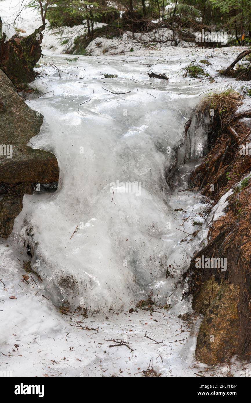 Un flusso congelato nell'Harz tra Schierke e il Brocken Foto Stock