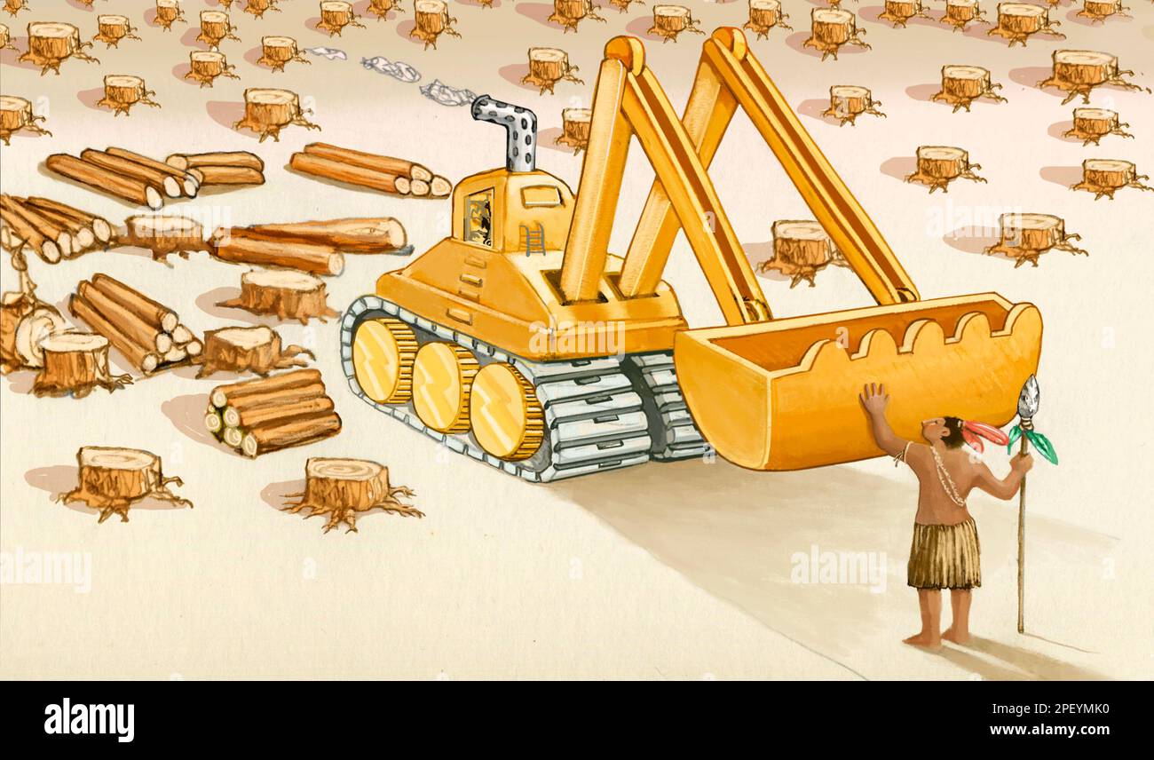 Un indiano amazzonico intralce un concetto deforestante del bulldozer delle persone native che difendono la terra dall'avidità del corporativio multinazionale Foto Stock