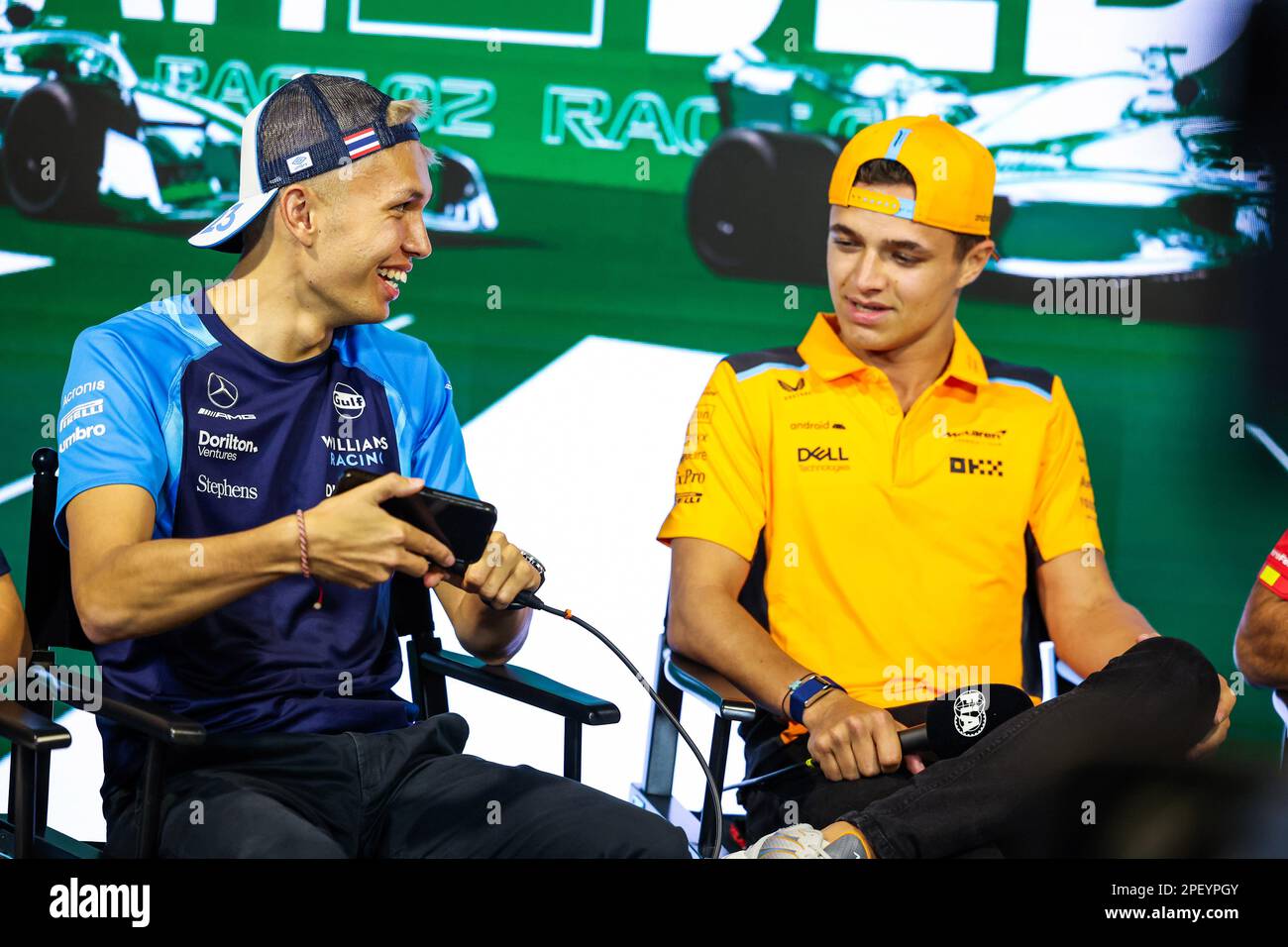 Jeddah, Arabia Saudita. 16th Mar, 2023. (L a R): Alexander Albon (THA)  Williams Racing e Lando Norris (GBR) McLaren alla FIA Press Conference.  16.03.2023. Campionato del mondo di Formula 1, Rd 2,